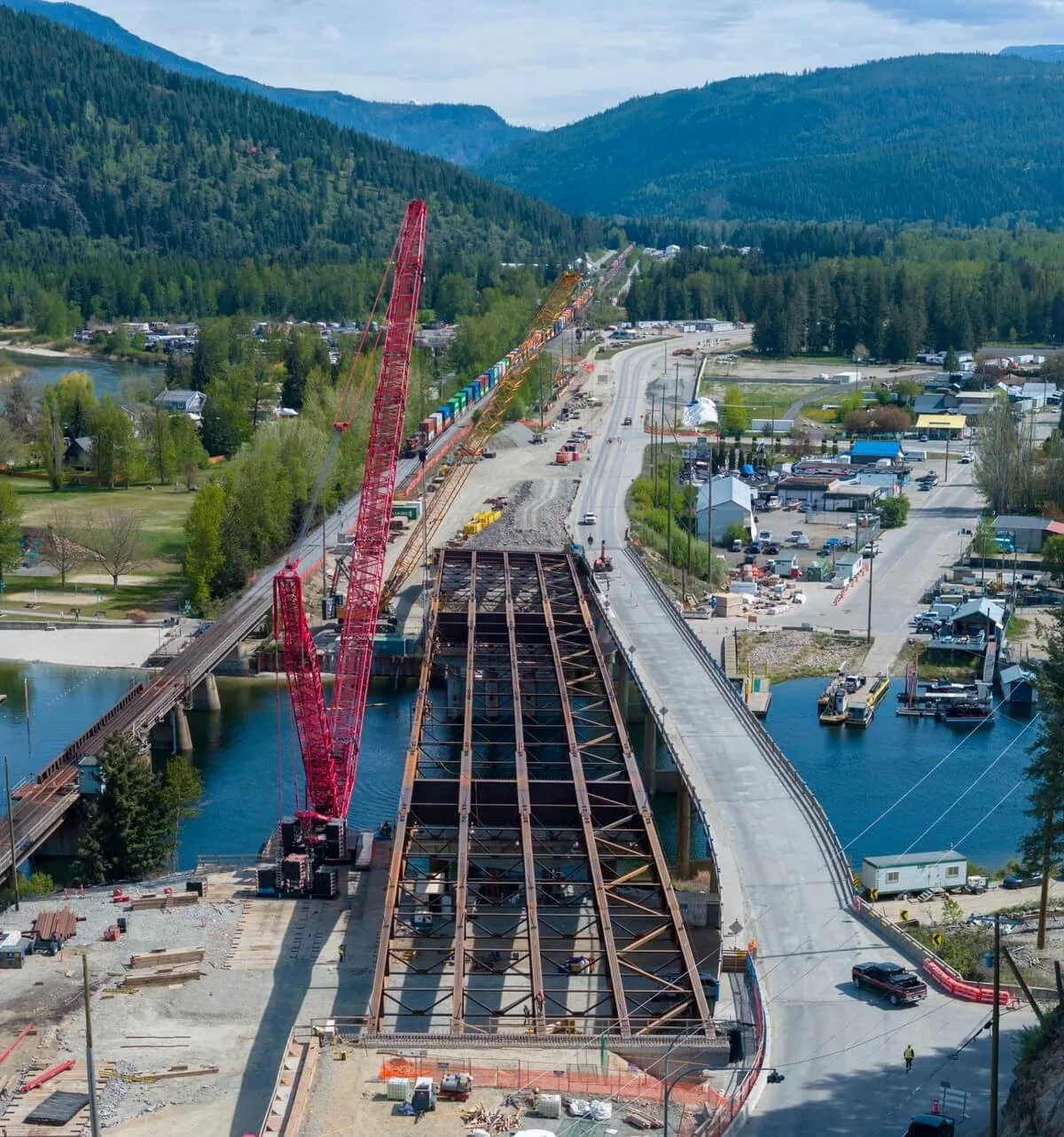 Bruhn Bridge aerial view over Sicamous channel