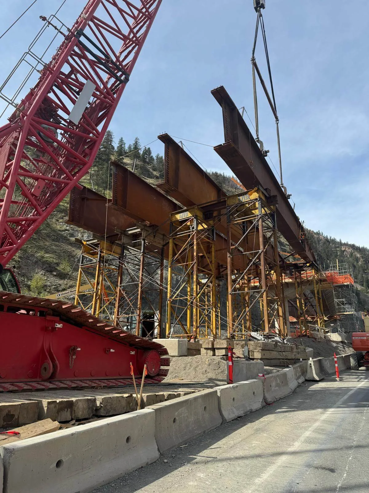 Tank Hill four girders seated on falsework shoring towers