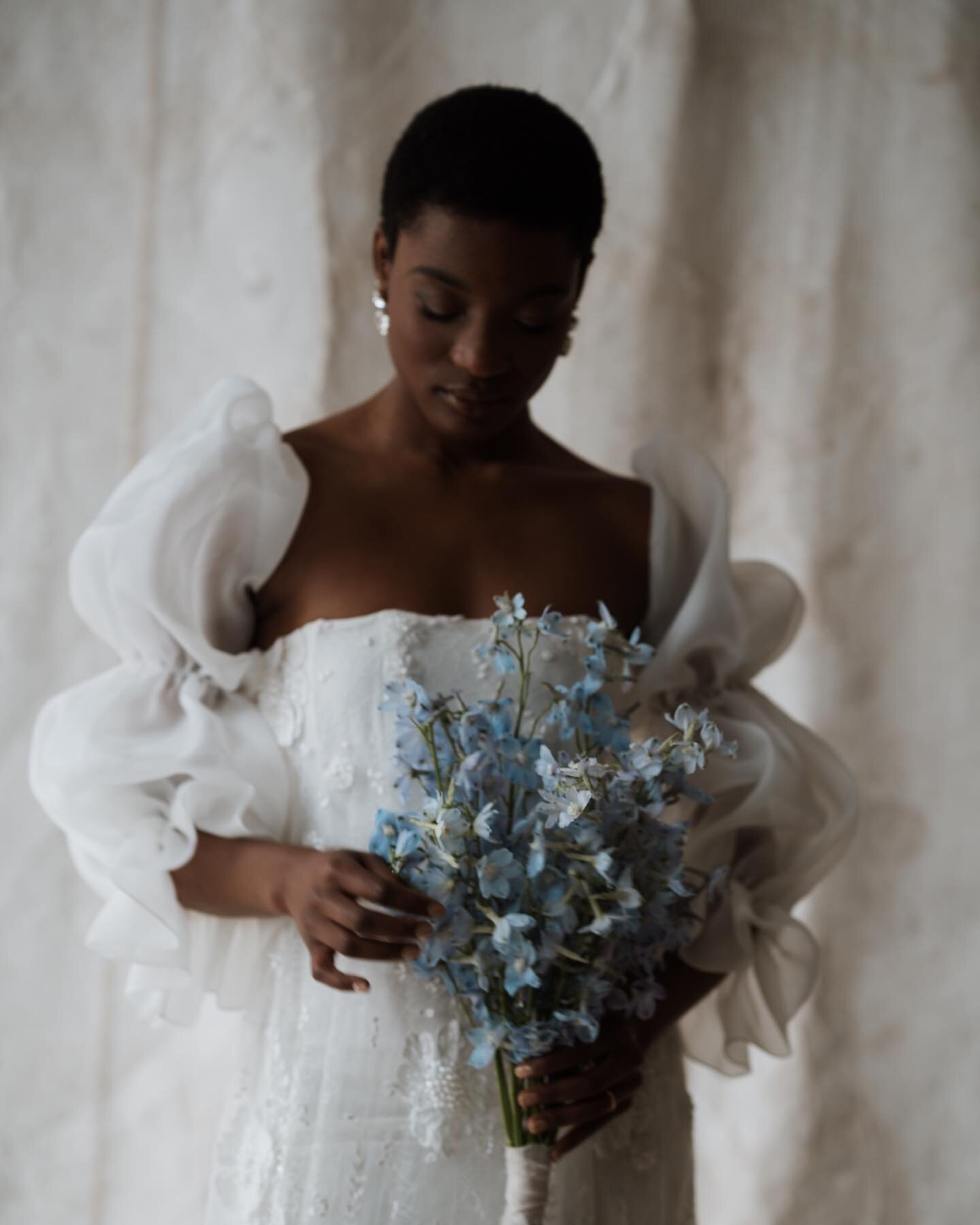 Single variety bouquets are a firm favourite at the moment. Delphinium in all their glory!

Understated beauty 🤍

Shot with a lush team of wonder women&hellip;
planning and photography @fayewildephotography
venue @shutterhousestudio
model @abi_kasim