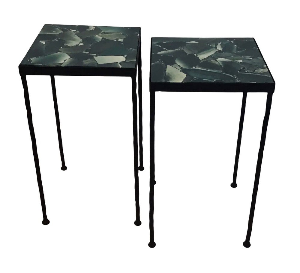 Hammered iron jade top end tables