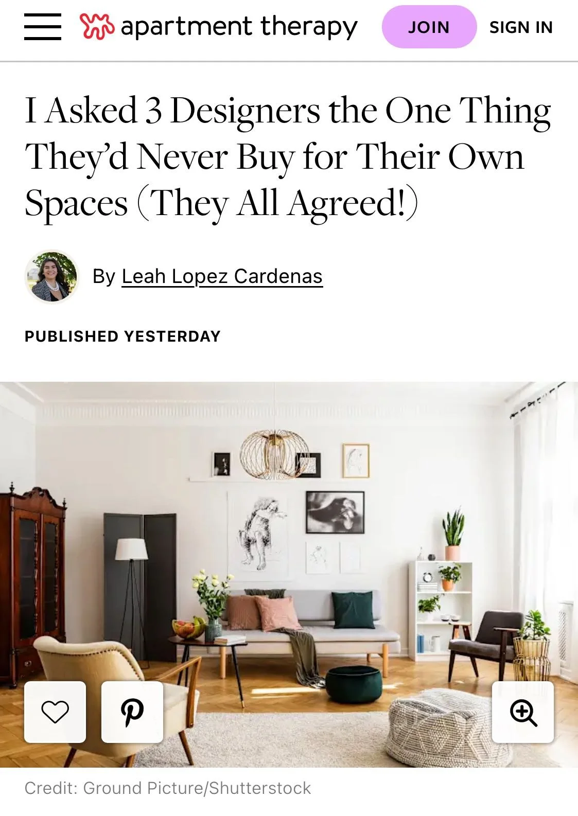 Apartment Therapy article on what designers would never bring into their own space