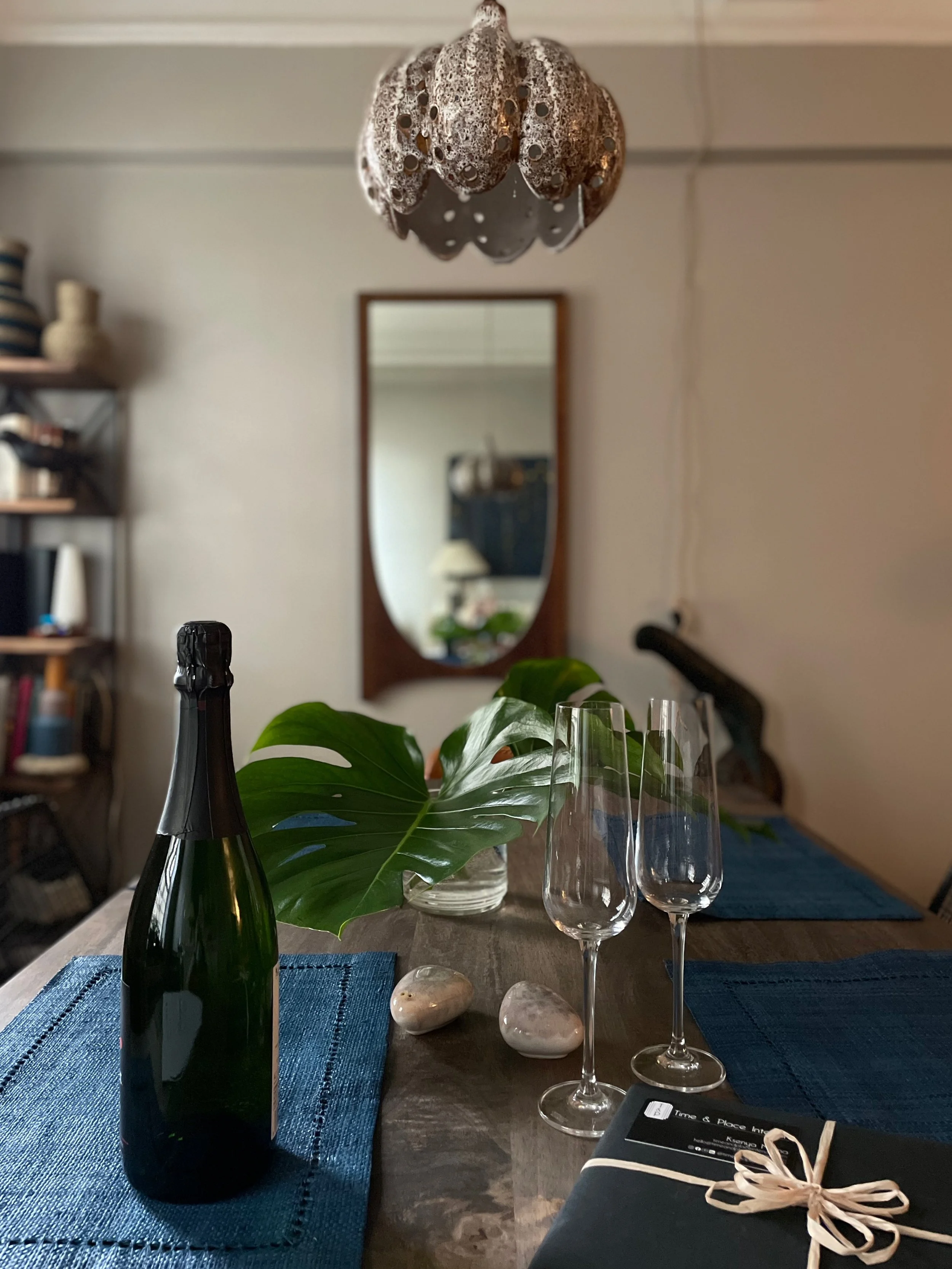 Dining room with vintage Mid Century ceiilng light