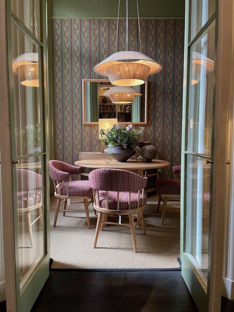 English style patterned breakfast area inside Nickey Kehoe's NYC showroom