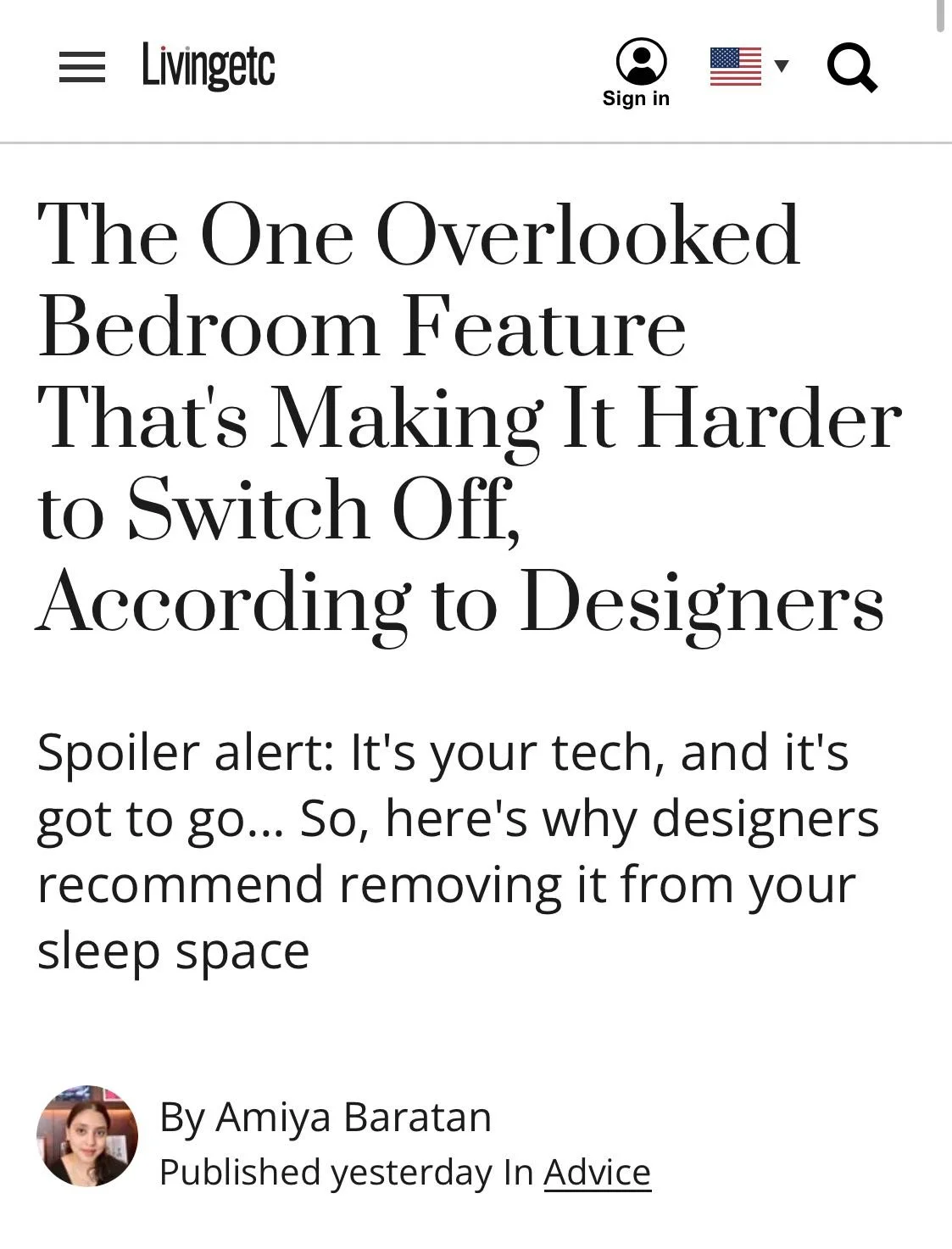 Livingetc magazine article on bedrooms that allow switching off