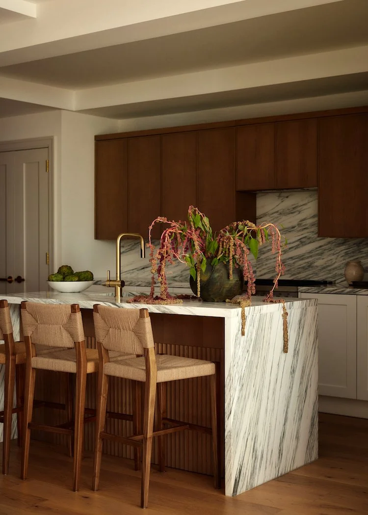 Marble kitchen with modern counter stools in Carroll Gardens 