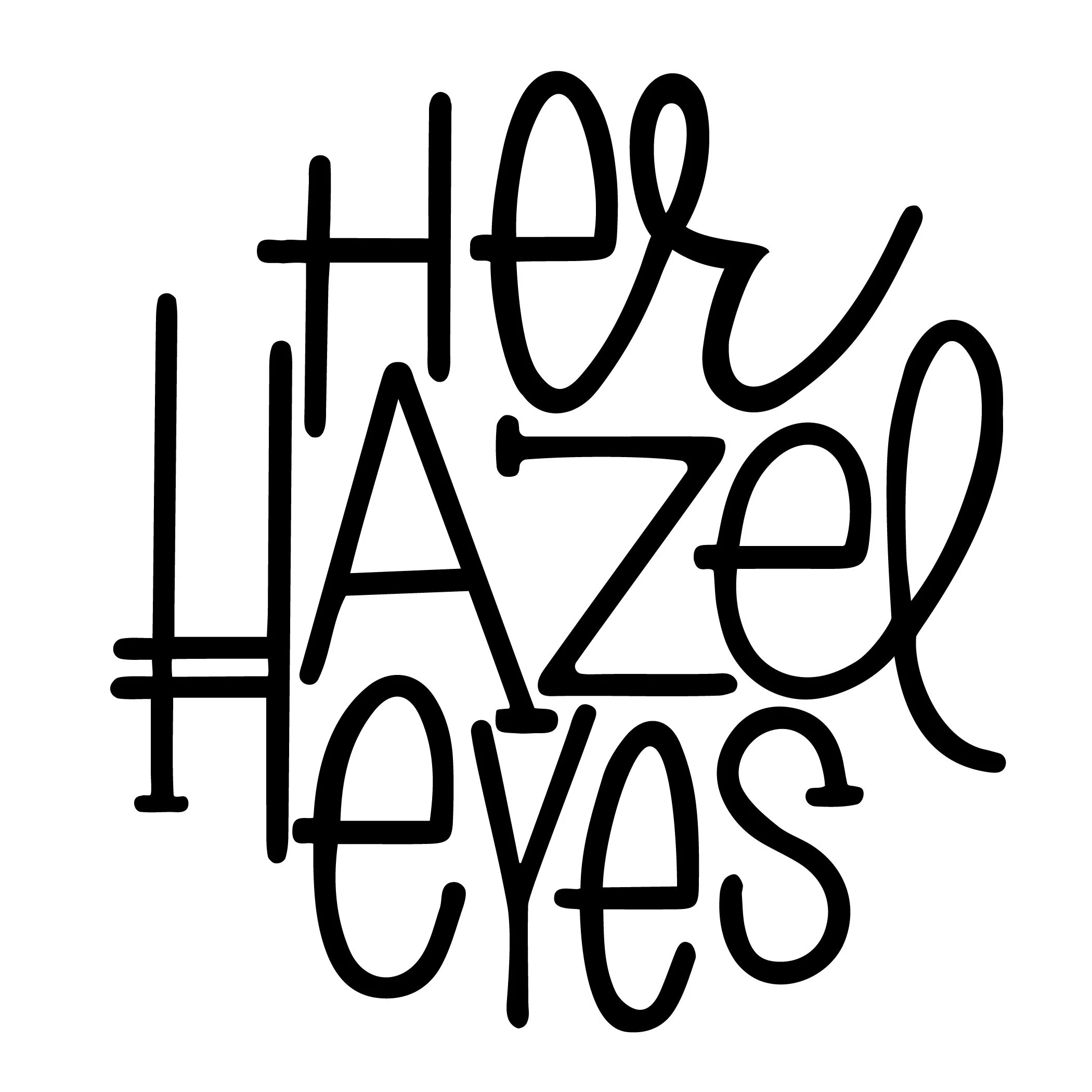 "Her Hazel Eyes" text in black cursive font on white background.