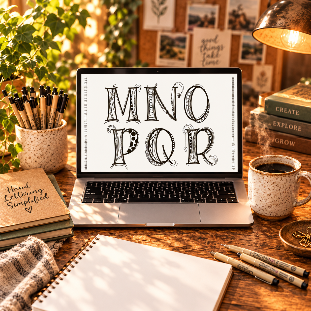 A computer sitting in a sunlit room with beautiful hand lettering on the computer monitor