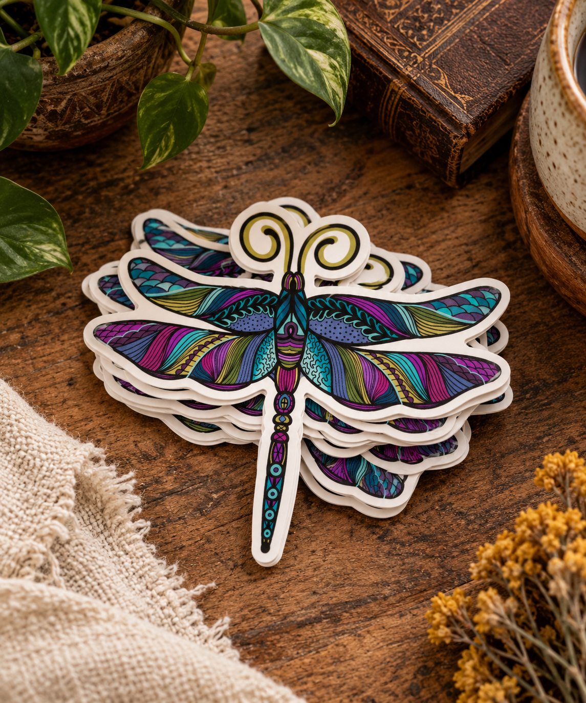 colorful zentangled dragon fly sticker sitting out on a tabletop.