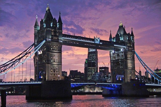 Tower Bridge in London at sunset with city skyline