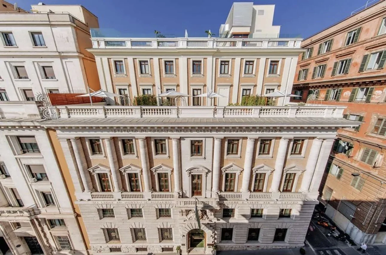 Elegant European-style building with columns and ornate architecture