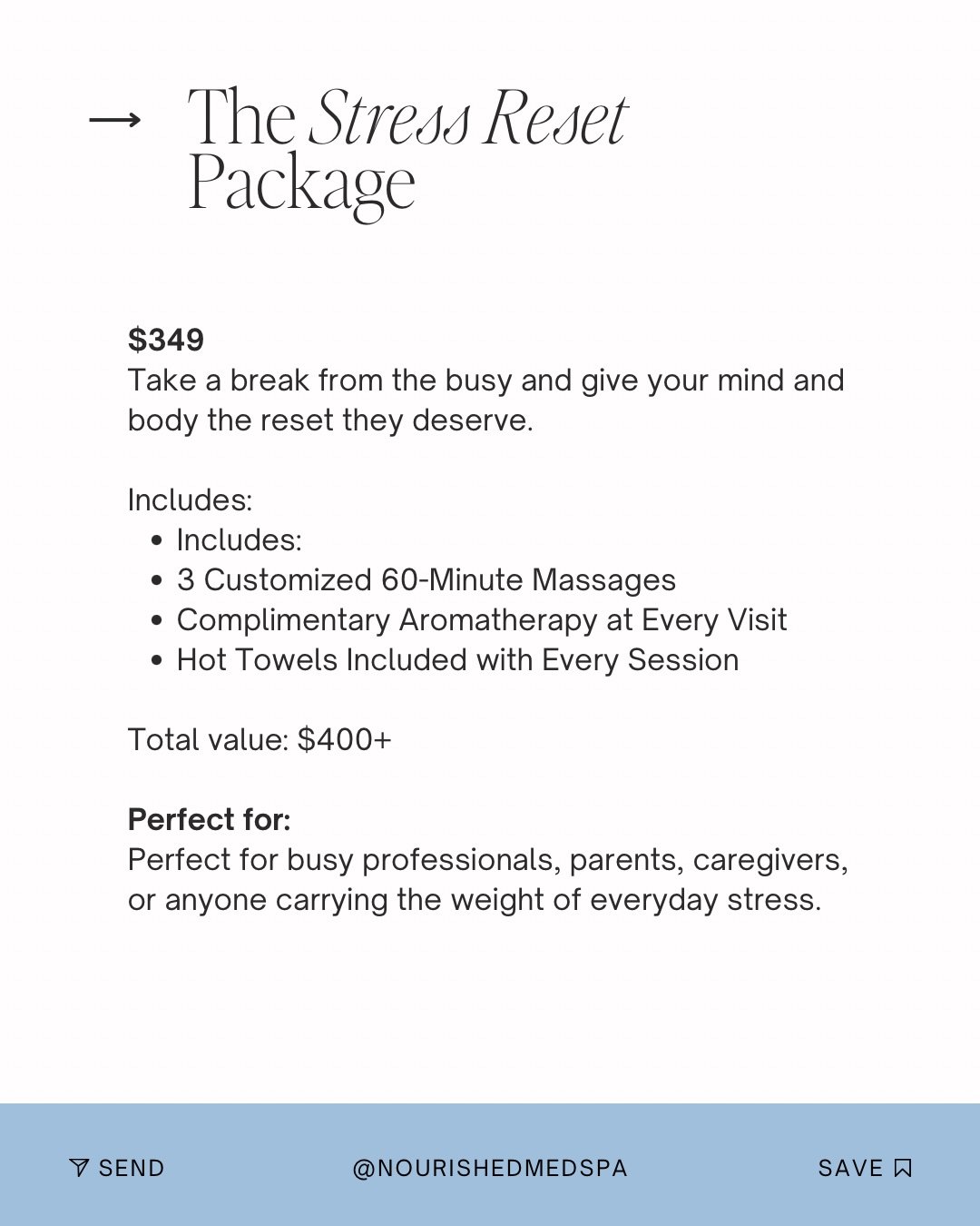 Flyer promoting 'The Stress Reset Package' for $349, including three 60-minute massages, aromatherapy, and hot towels, designed for busy professionals and caregivers.