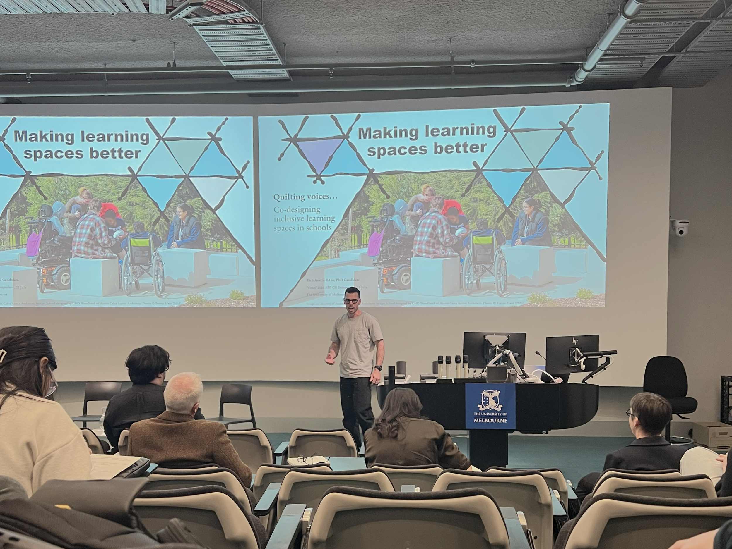 Presenting research on co-design and inclusive environments, illustrating how information is transformed into knowledge through research, expertise, and critical reflection.