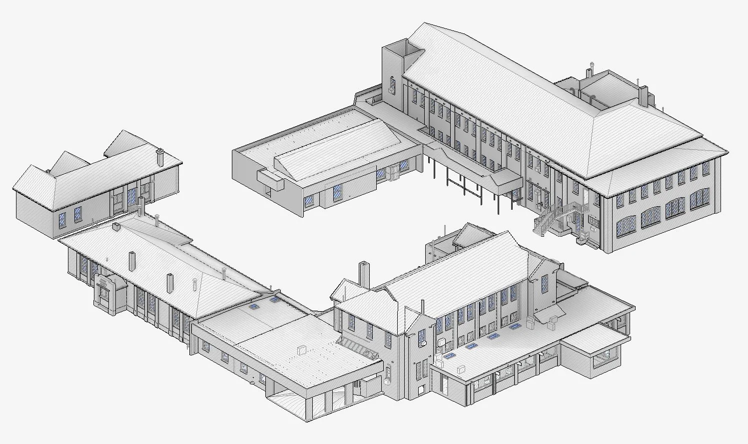 Three-dimensional building information model (BIM) created from captured site data, providing an accurate digital representation of the school campus.