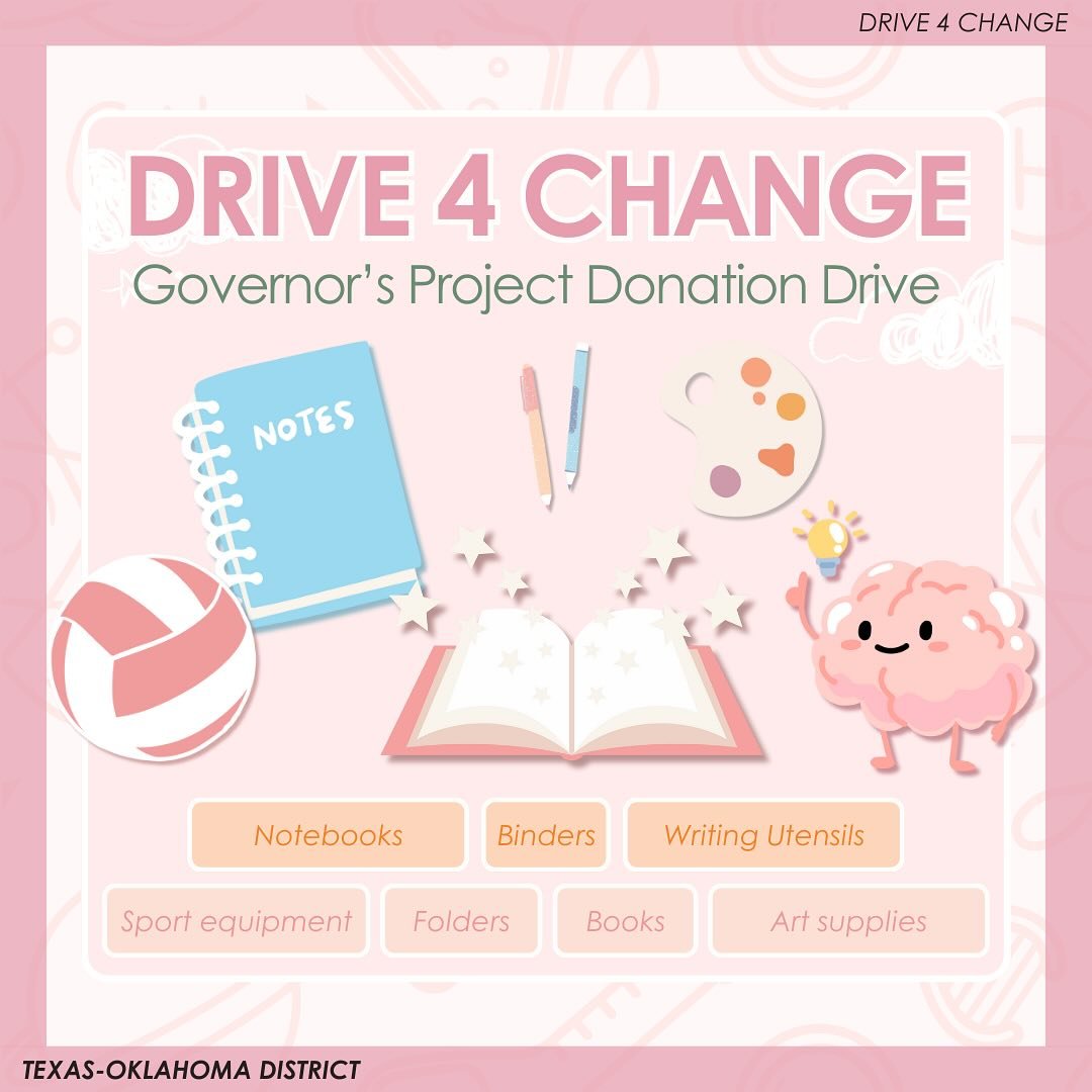 Hi everyone! We are introducing Drive 4 Change, a donation drive to collect school supplies for local schools and communities. Participate in this drive to earn points towards the Governor’s Project Award and Top 25 Club.
—
Contact Info