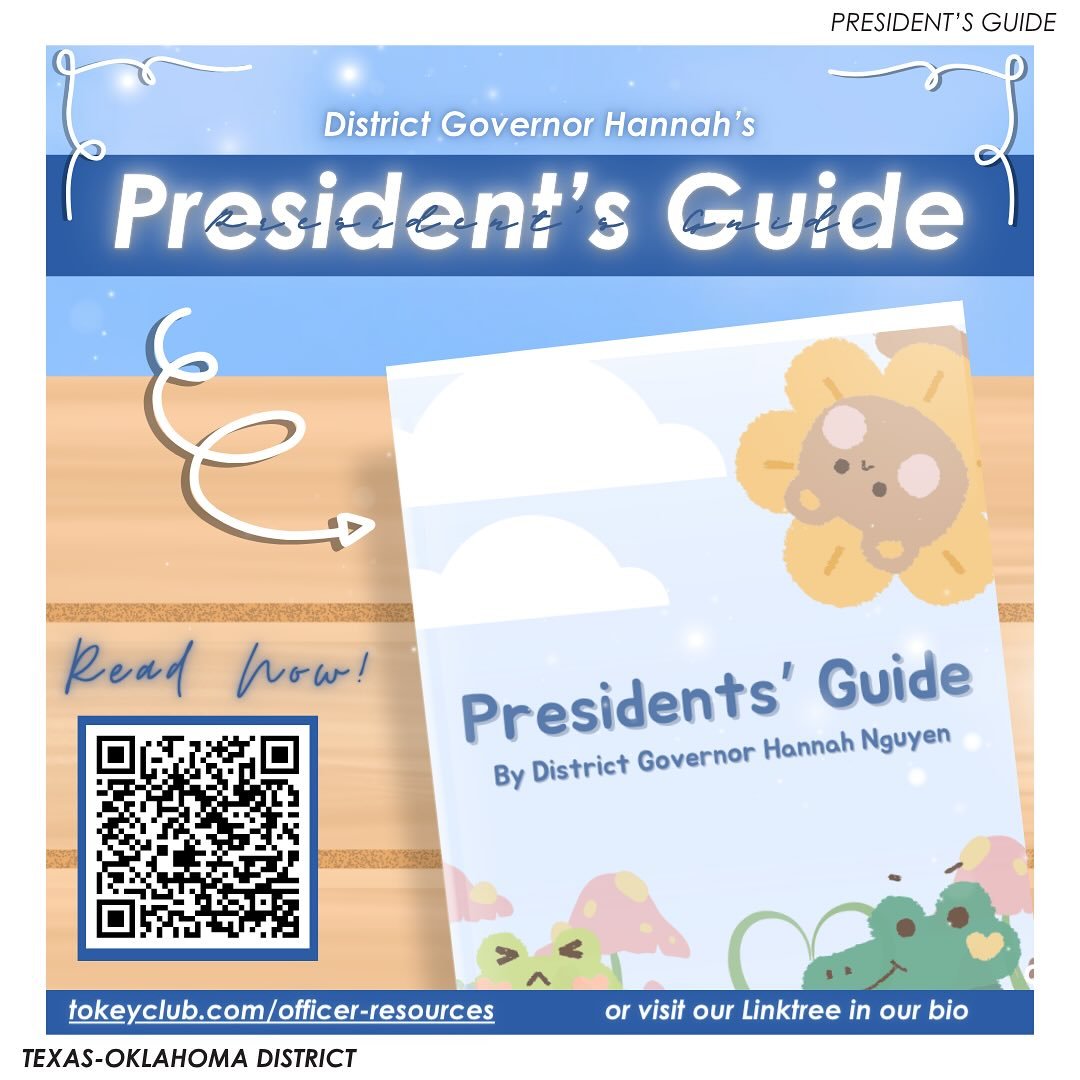 Calling all T-O Club Presidents ! 📢✨Want your club to strive with service this term ? Check out District Governor Hannah’s Presidents Guide made just for you! 🫵📖 Scan the QR code, visit tokeyclub.com/officer-resources, or go to our Linktree