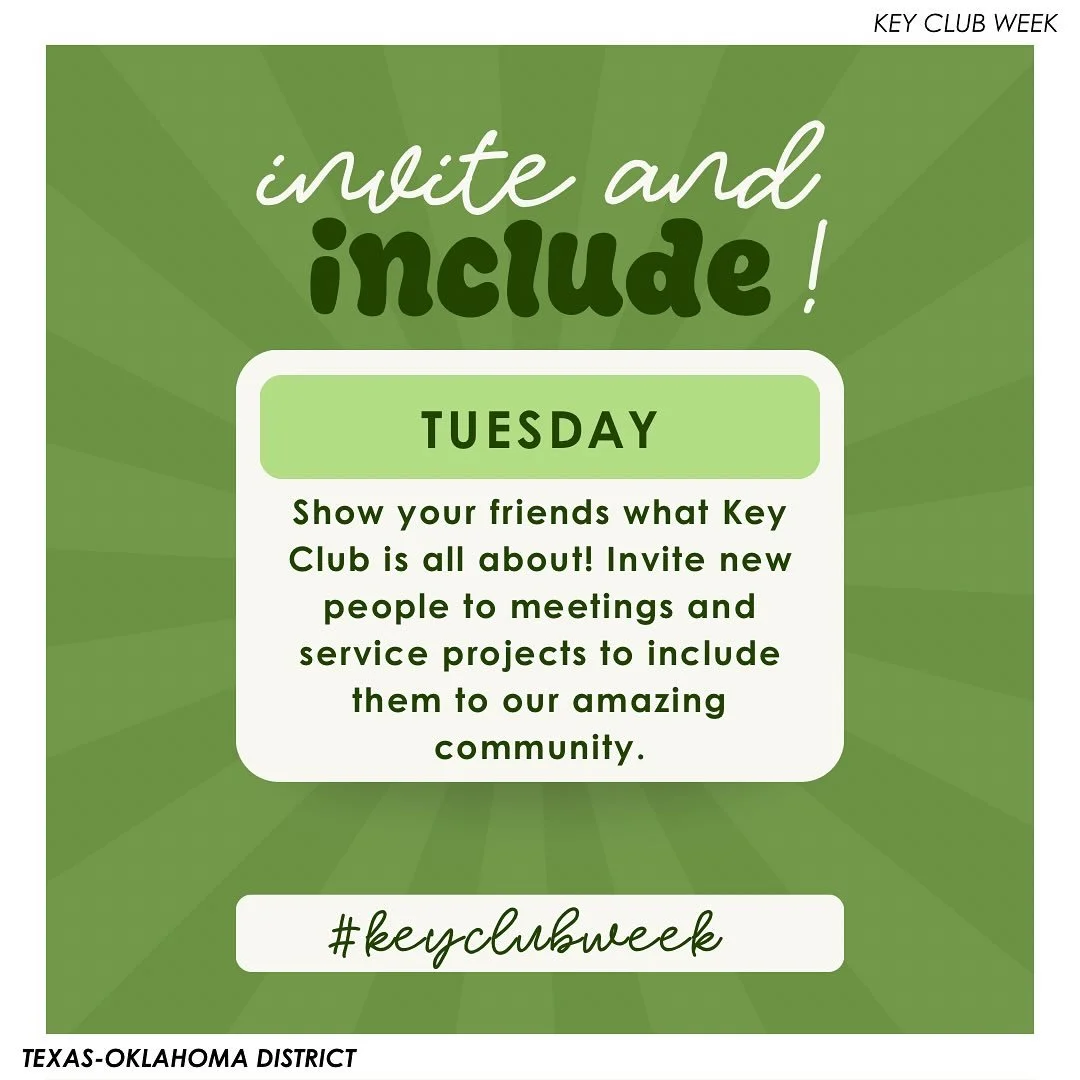 Invite and Include! 🫂 Tag us and use #keyclubweek as you participate this week! 🙌
&mdash;

T-O Staff Contact Information
District Governor - governor@tokeyclub.com
District Secretary - secretary@tokeyclub.com
District Treasurer - treasurer@tokeyclu