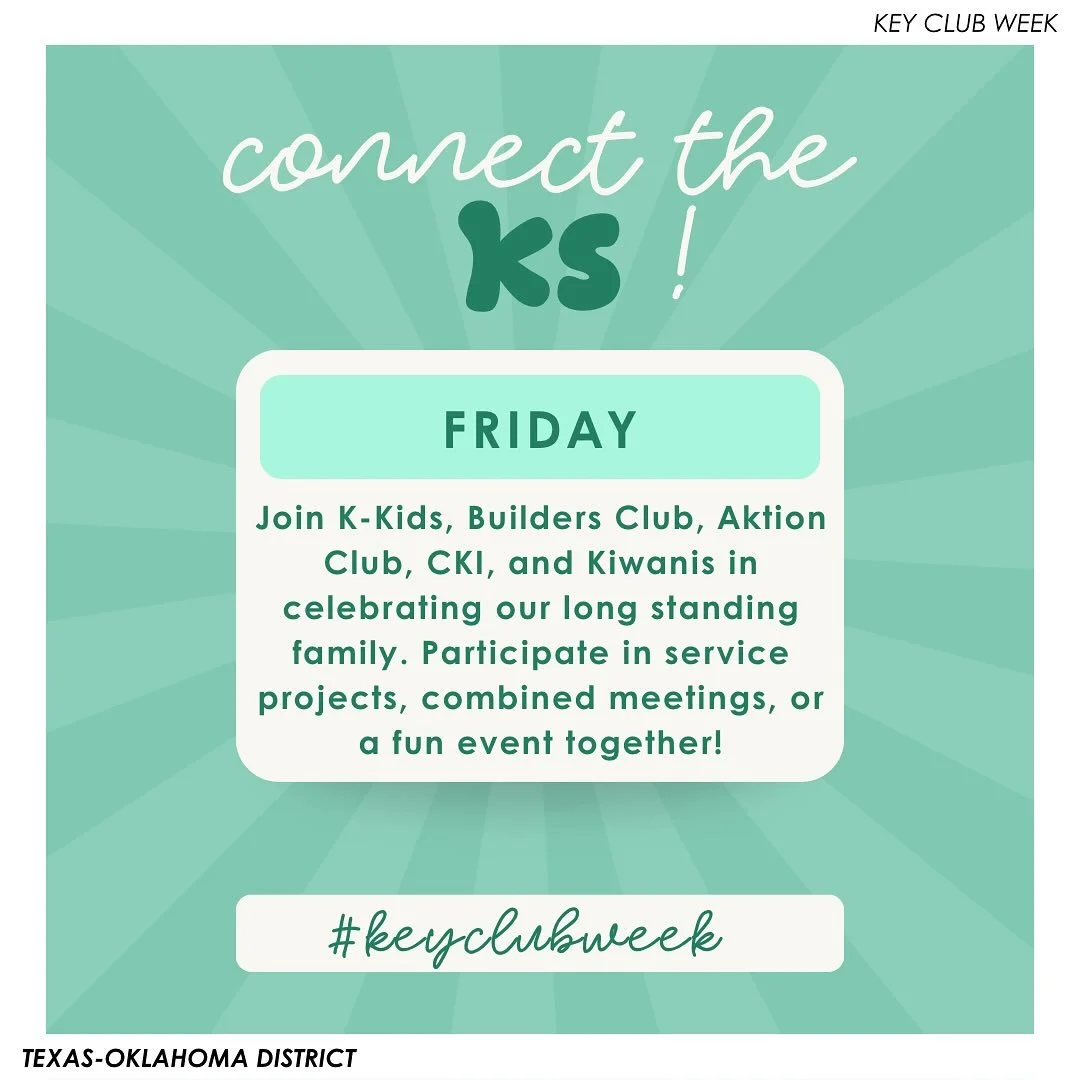 LAST DAY! Connect the Ks! Tag us and use #keyclubweek as you participate this week! 🙌
&mdash;

T-O Staff Contact Information
District Governor - governor@tokeyclub.com
District Secretary - secretary@tokeyclub.com
District Treasurer - treasurer@tokey