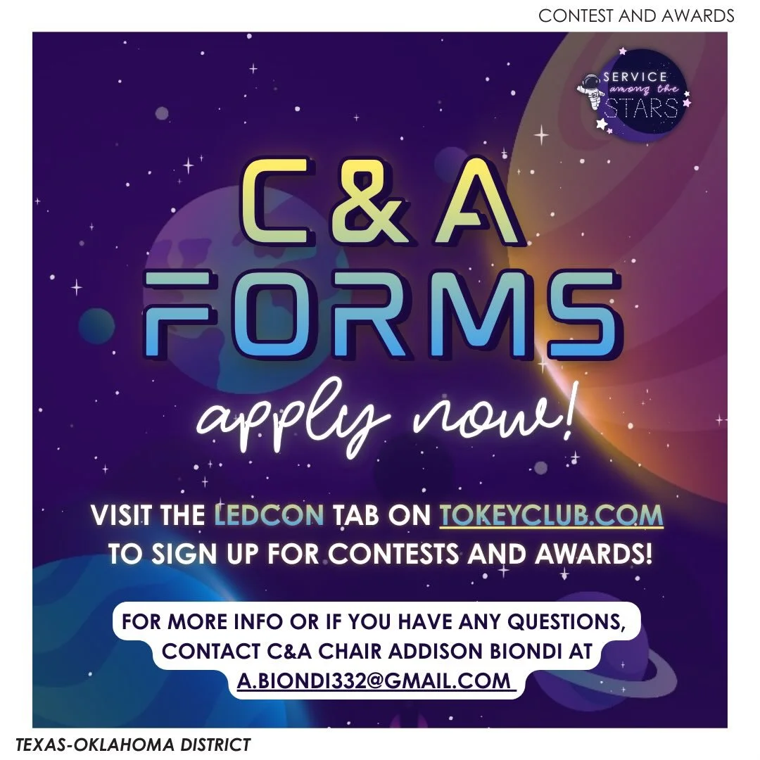 DON&rsquo;T MISS OUT! 👀👀👀 C&amp;A forms are due March 28th!!! 🌟 Apply now to have a chance to showcase your skills and earn recognition at LEDCON next month! 
&mdash;

T-O Staff Contact Information
District Governor - governor@tokeyclub.com
Distr
