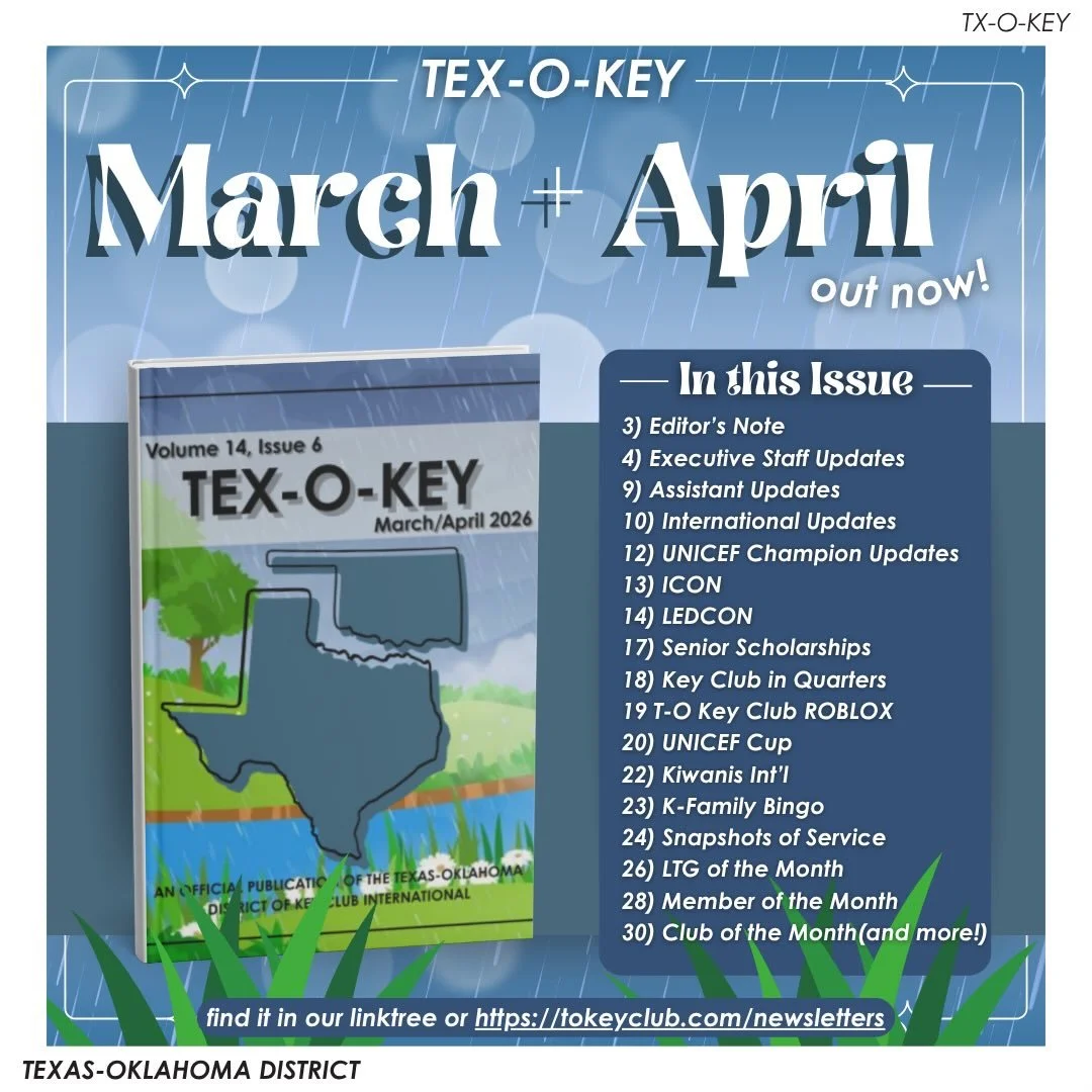 HEY KEY CLUBBERS! 🙋&zwj;♀️ Make sure to read District Editor Kunj&rsquo;s LAST newsletter of the service year 🌧️😢
&mdash;

T-O Staff Contact Information
District Governor - governor@tokeyclub.com
District Secretary - secretary@tokeyclub.com
Distri