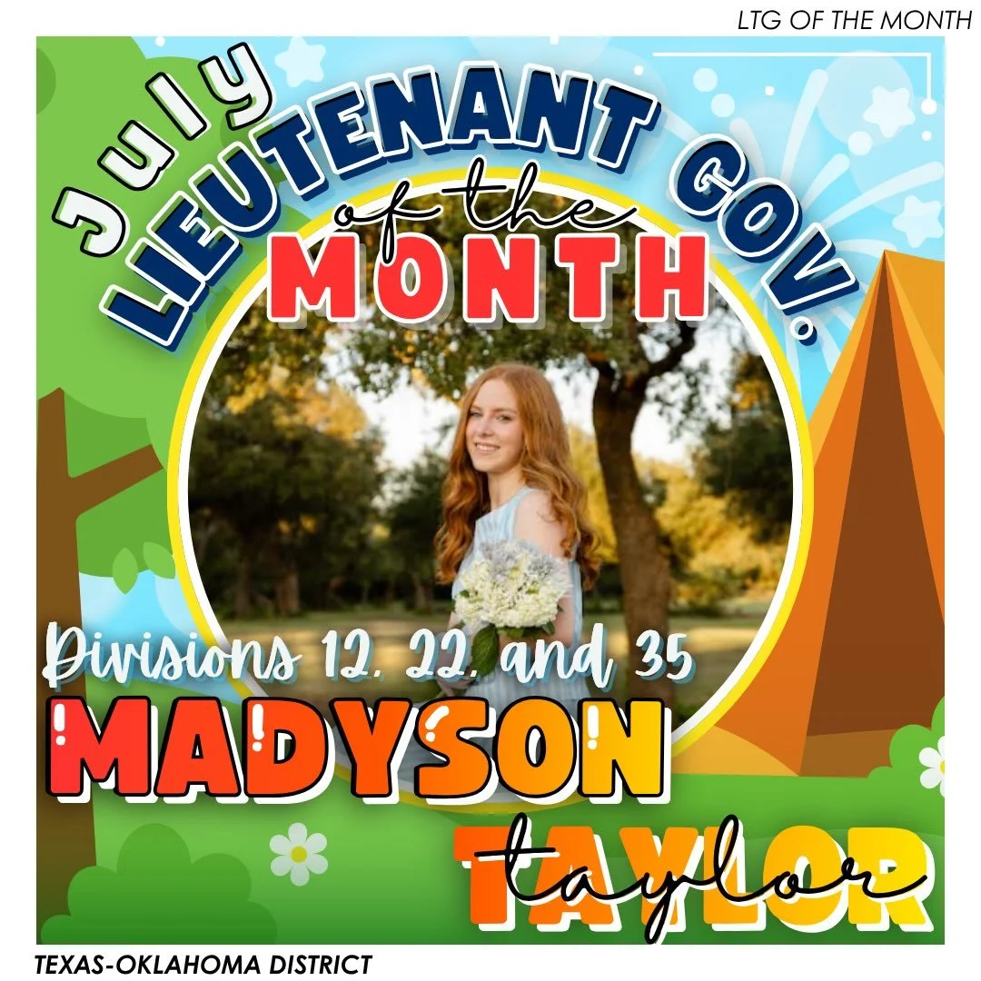 July LTG of the Month, Madyson Taylor!! 🌟

We recognize your hard work as a wonderful, determined leader! 🧡

T-O Staff Contact Information -
District Governor: bisanabdallakc@gmail.com

District Secretary: keysithara@gmail.com
District Assistant Se