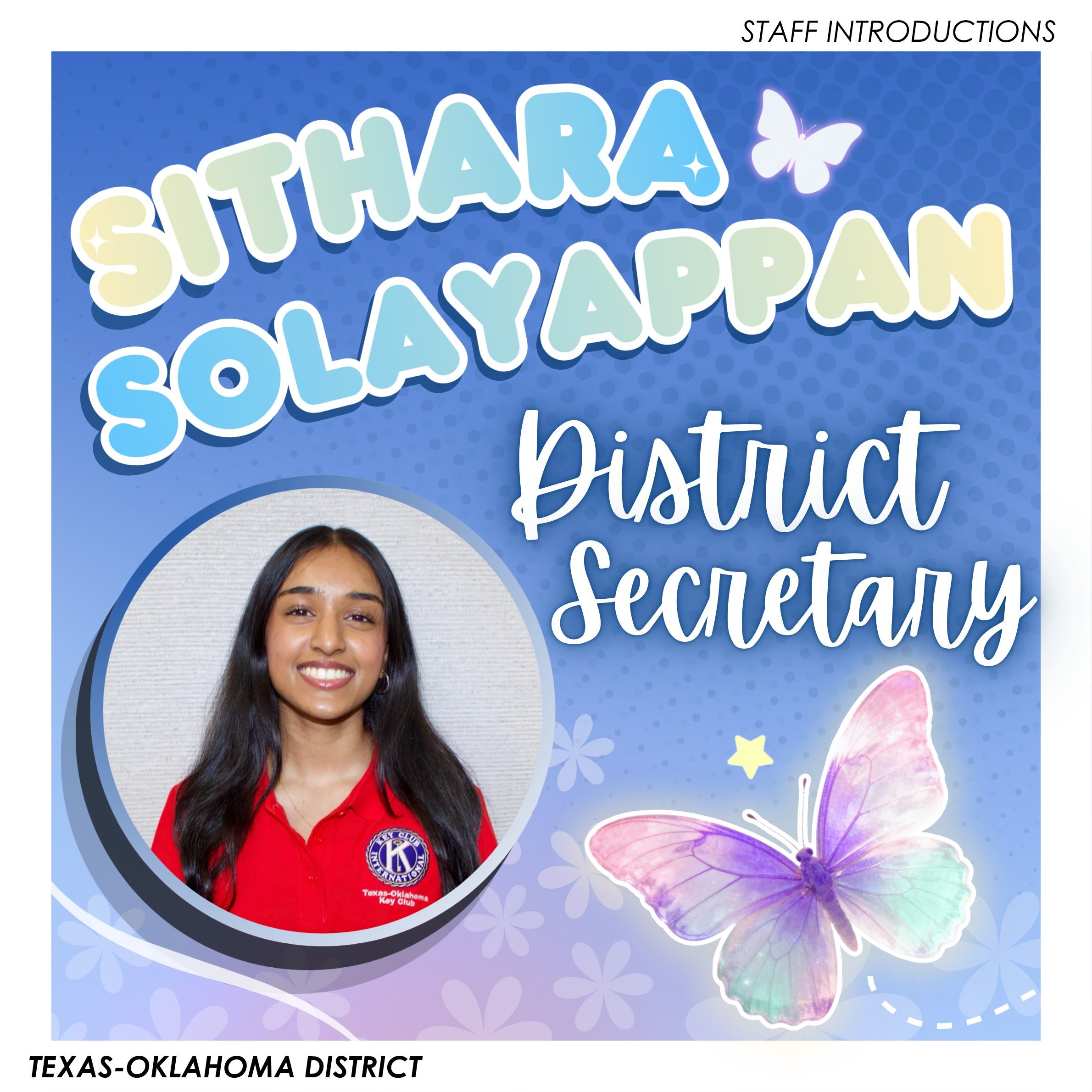 Introducing your 2026-2027 Texas-Oklahoma District Secretary, Sithara Solayappan!! ⭐️

__

T-O Staff Contact Information -
District Governor: governor@tokeyclub.com

District Secretary: secretary@tokeyclub.com
District Assistant Secretary: emmabraven