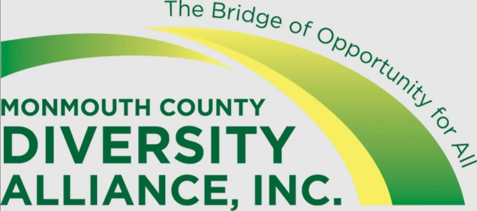 Logo for Monmouth County Diversity Alliance, Inc. with green and yellow arc and text "The Bridge of Opportunity for All".