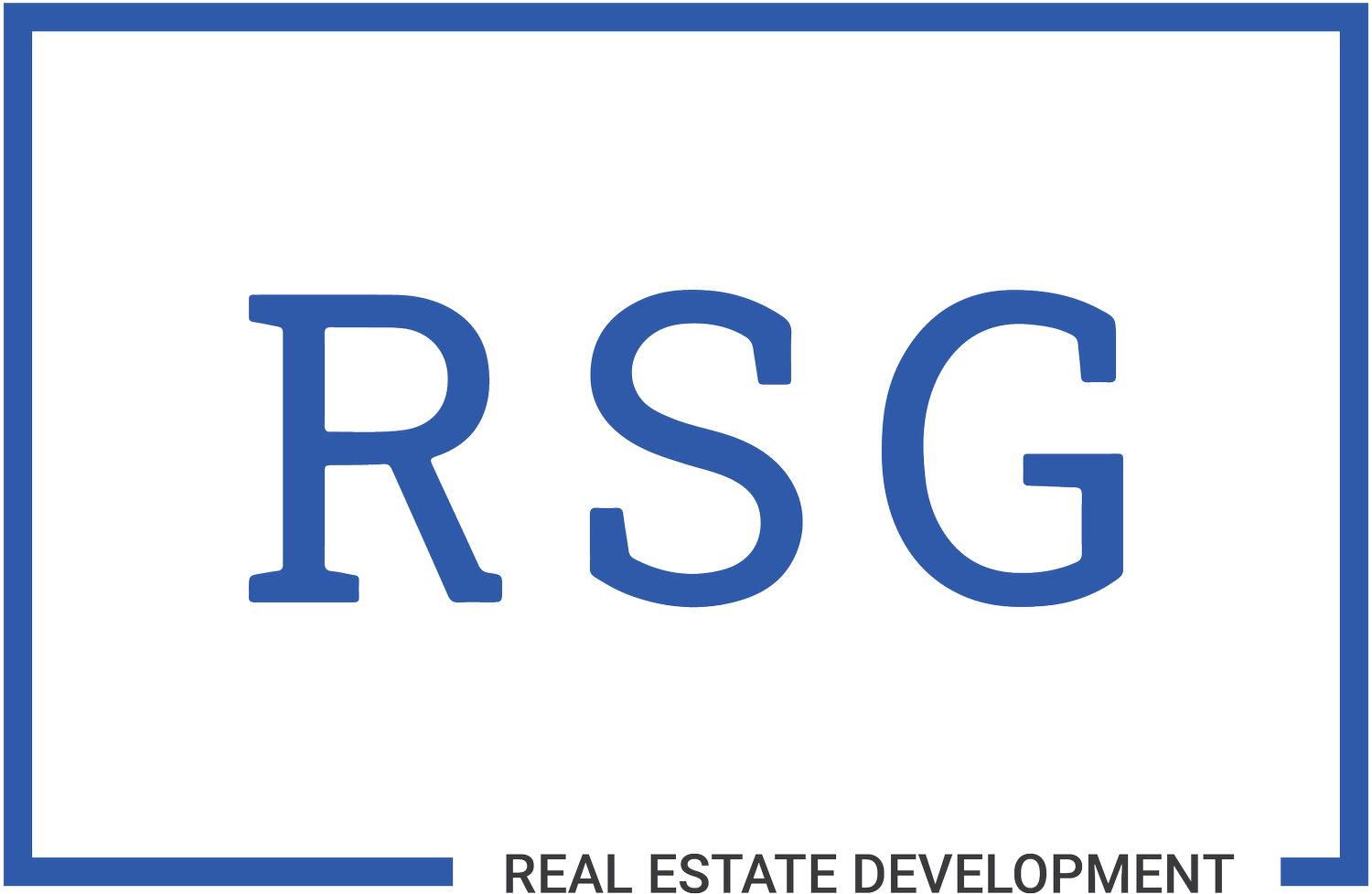 Logo for RSG Real Estate Development with the text 'RSG' in large blue letters on a black background, and 'REAL ESTATE DEVELOPMENT' in smaller white letters below.