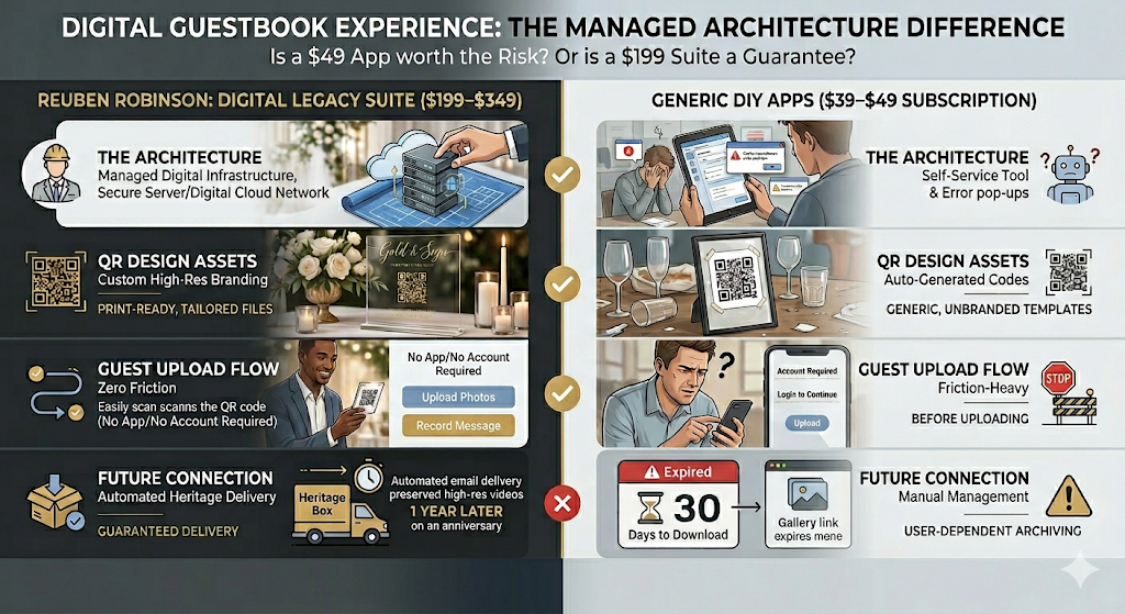 Comparison infographic contrasting Reuben Robinson's digital legacy suite with generic DIY apps. Reuben's suite includes managed infrastructure, custom branding assets, guest upload flow, and guaranteed delivery with a heritage box. The DIY apps feature self-service tools, auto-generated codes, friction-heavy upload processes, and manual management, with components expiring after 30 days.