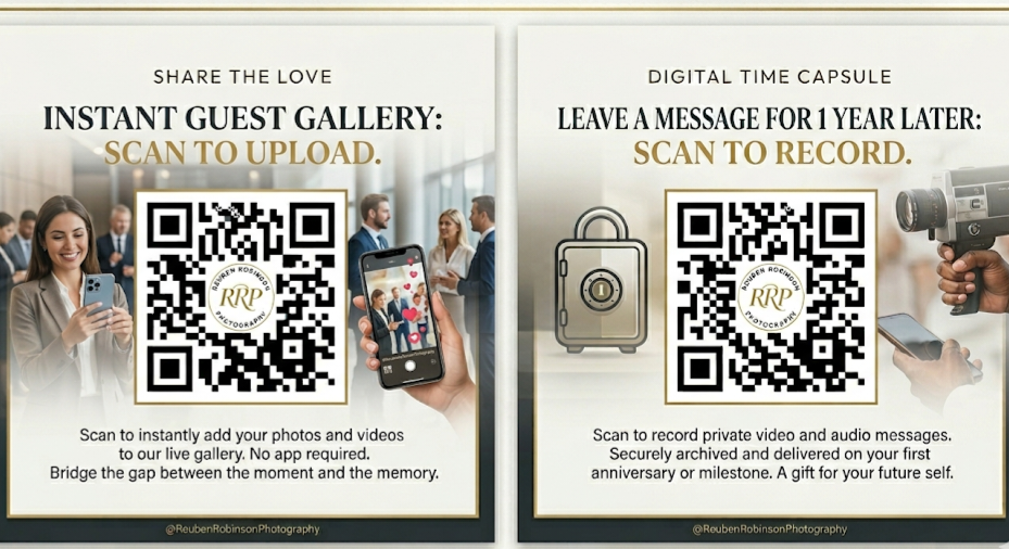 Two pages from a digital time capsule and photo gallery display. The left page features a QR code for uploading photos and videos to a live gallery, with a woman taking a photo with her phone. The right page has a QR code for recording messages for a future milestone, with a person holding a phone and a small recorder. Both pages have instructions and a logo.