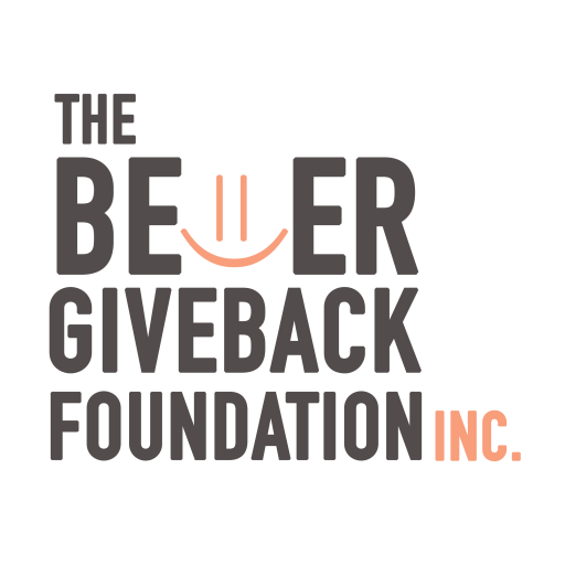 Logo for The Be My Beer Foundation Inc. featuring black background, gray and peach text, with a stylized smiling face in the letter 'U' of 'BEER'.