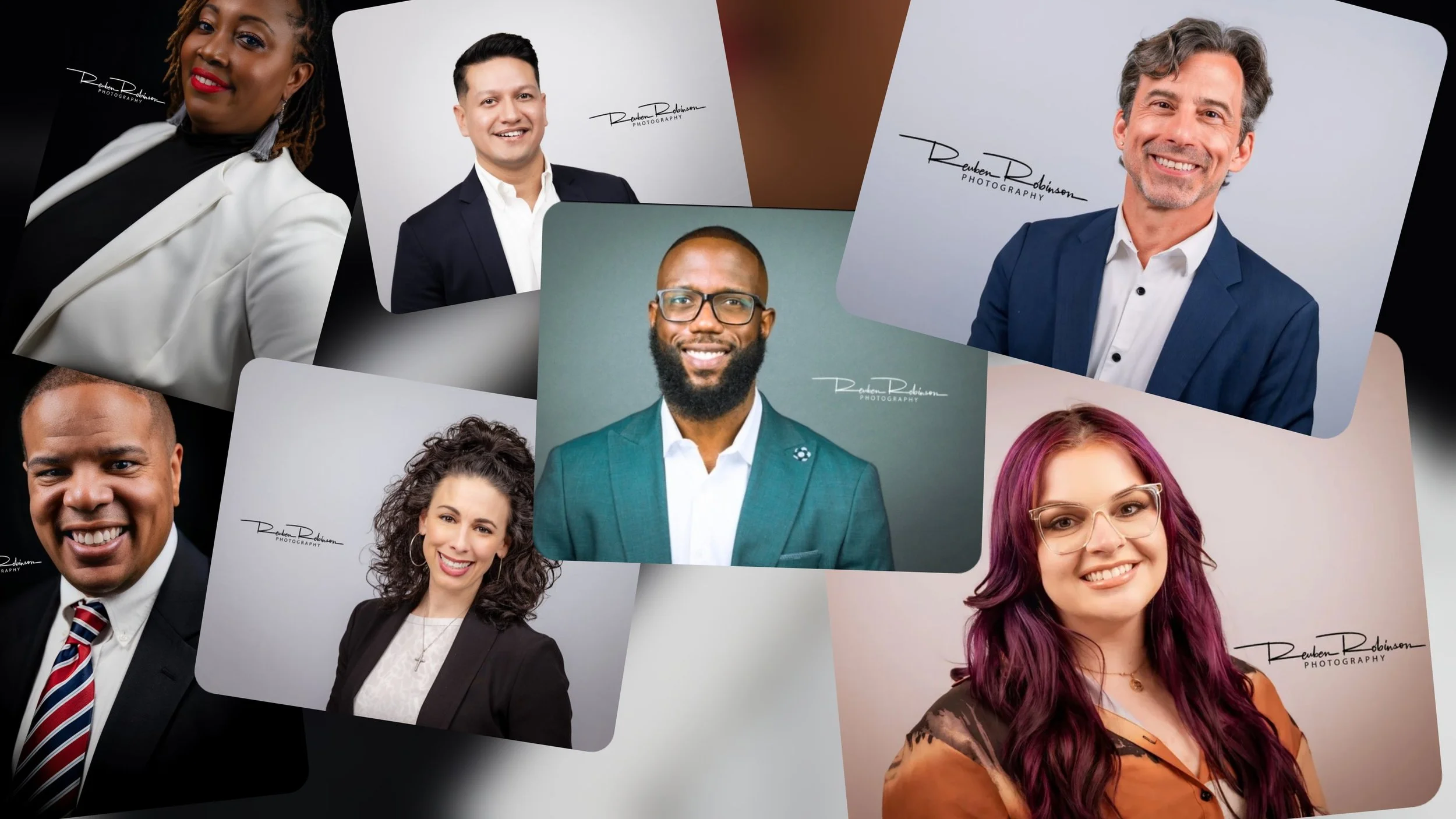 Collage of diverse professional headshots of seven individuals, including men and women, in formal attire, smiling against neutral or professional backgrounds, with photography studio watermark visible on each photo.