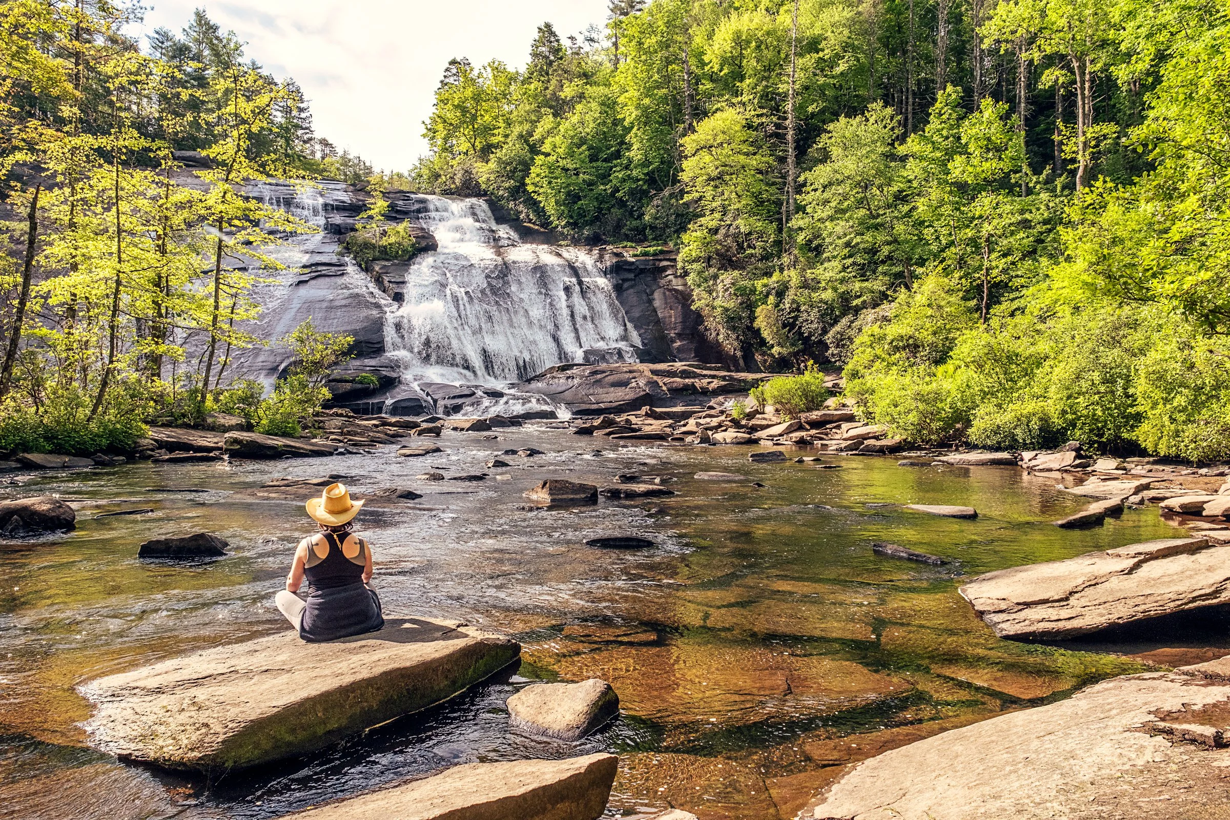 Hooker Falls and High Falls, two waterfalls in DuPont State Forest near Asheville, North Carolina. Photographed by Lange Photo Studio. 