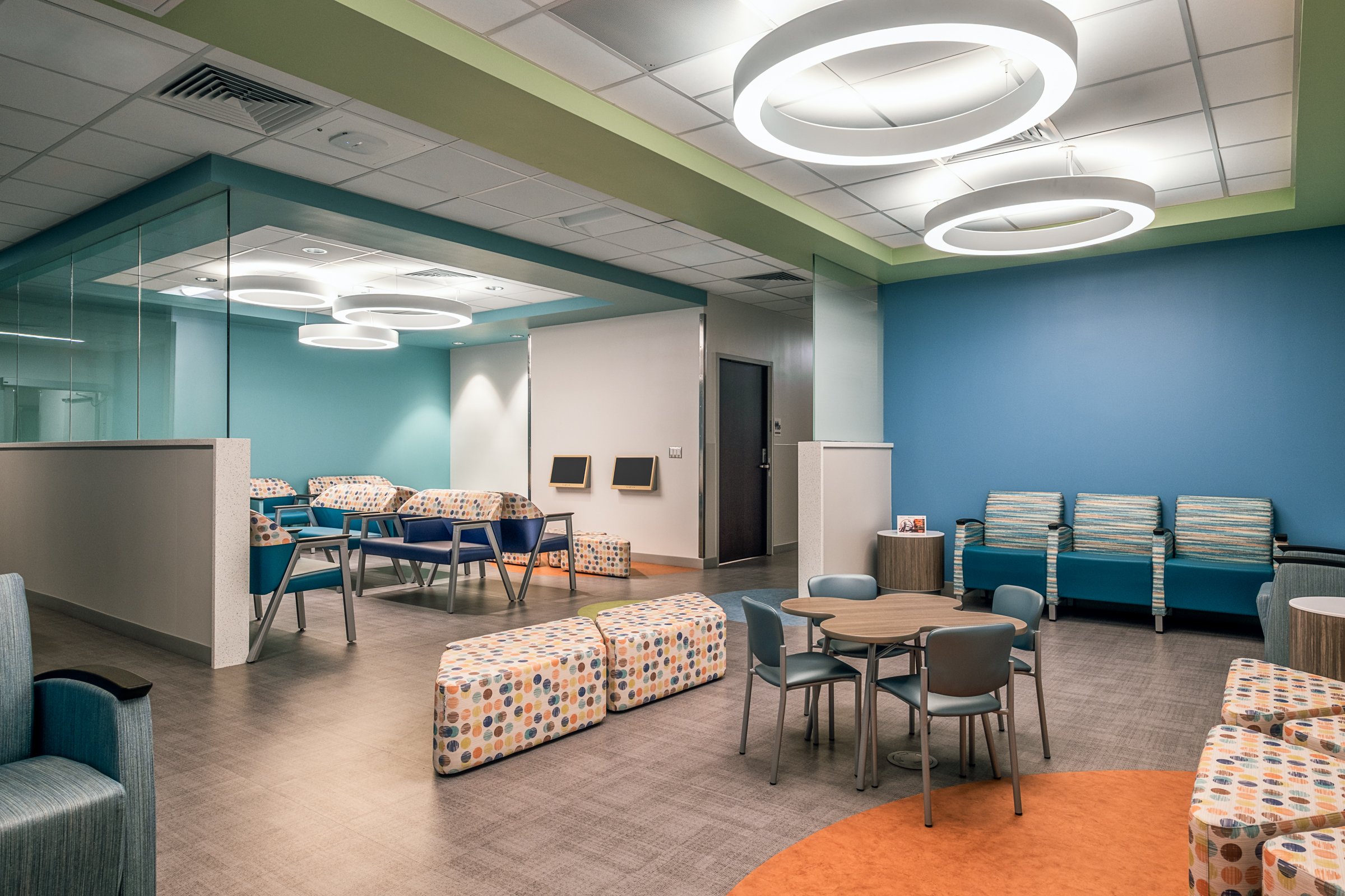 Interior view at Atrium Health Wake Forest, highlighting modern design, function and patient comfort.
