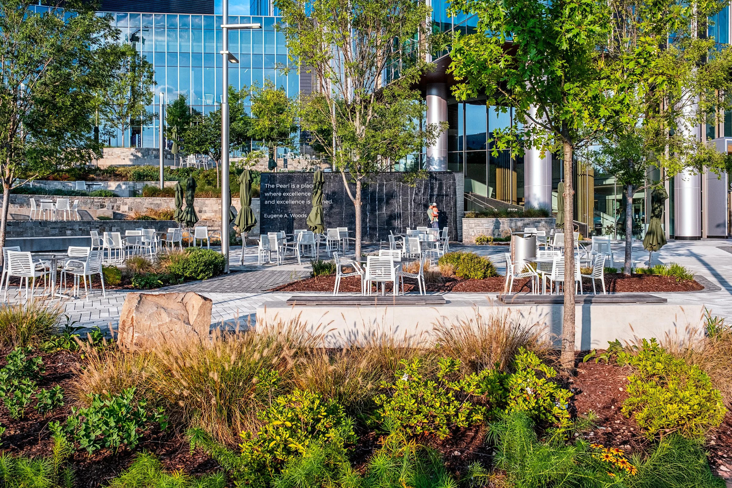 Landscape architecture photography of The Pearl in Charlotte, North Carolina, commissioned by Kimley-Horn and photographed by Paul Lange of Lange Photo Studio. The project features landscaped public spaces, a terraced central plaza, and the Purposefu