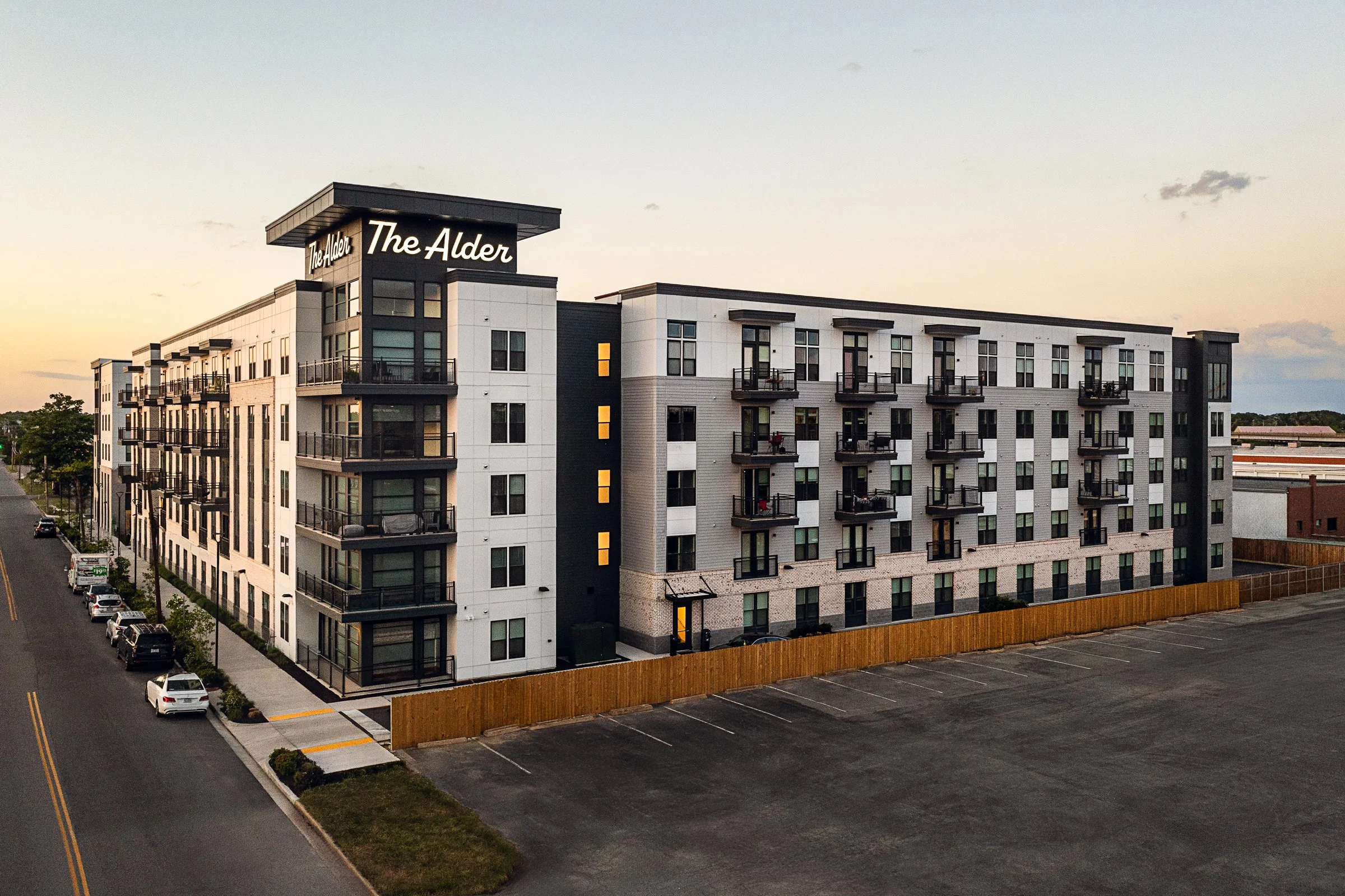 Architectural photography by Paul Lange of Lange Photo Studio, showcasing The Alder in Richmond, VA. The series captures the building's modern design, vibrant communal spaces, rooftop lounge, resort-style pool, highlighting the dynamic living experie