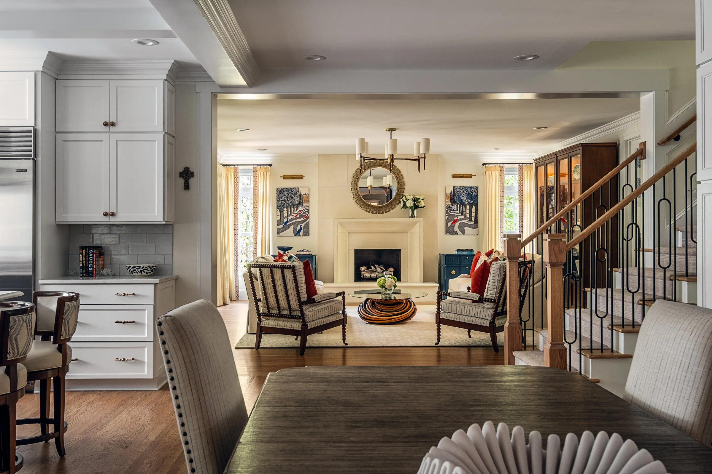 Bardi Designs stunning living and dining room in Cary, NC, photographed by Lange Photo Studio. 