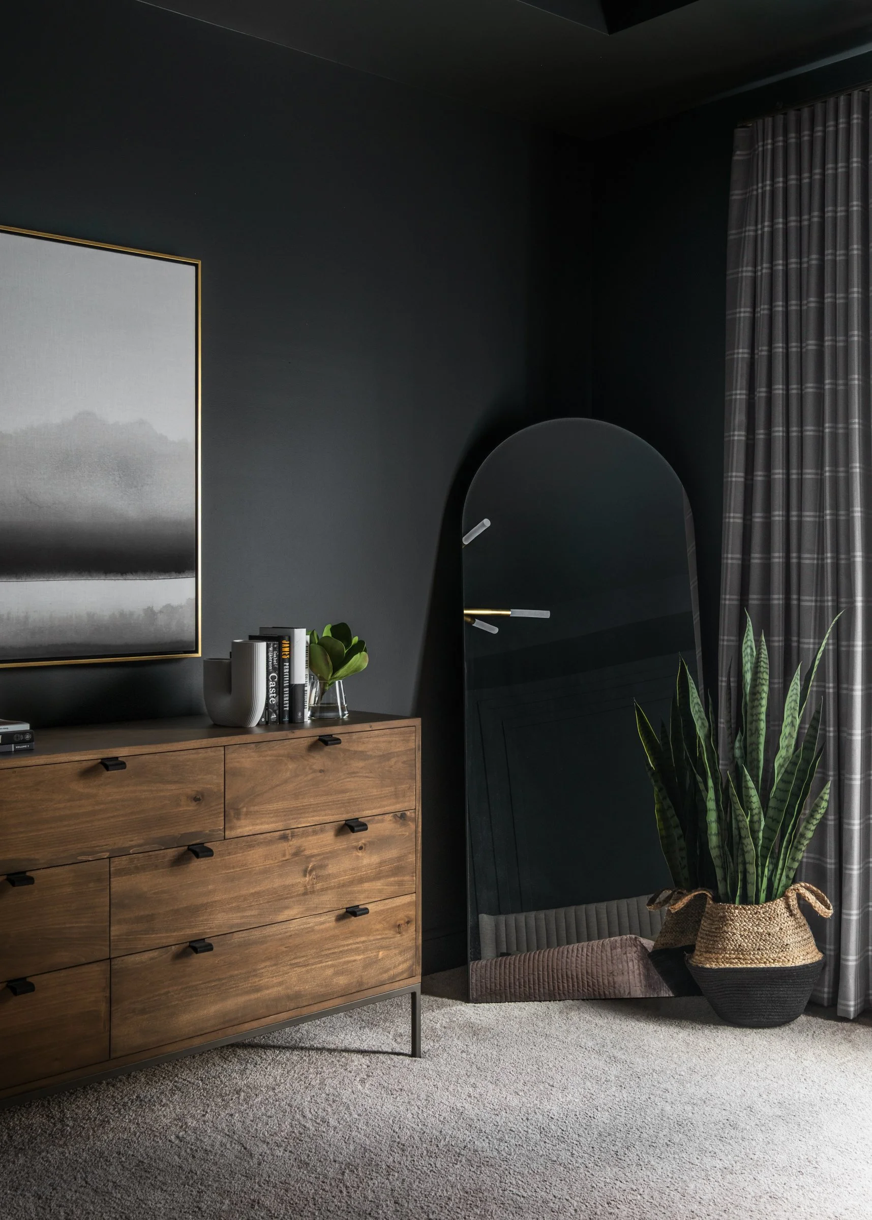 Architectural and design photography of TK Design Group bedroom, moody, dramatic, showcasing interior design.  