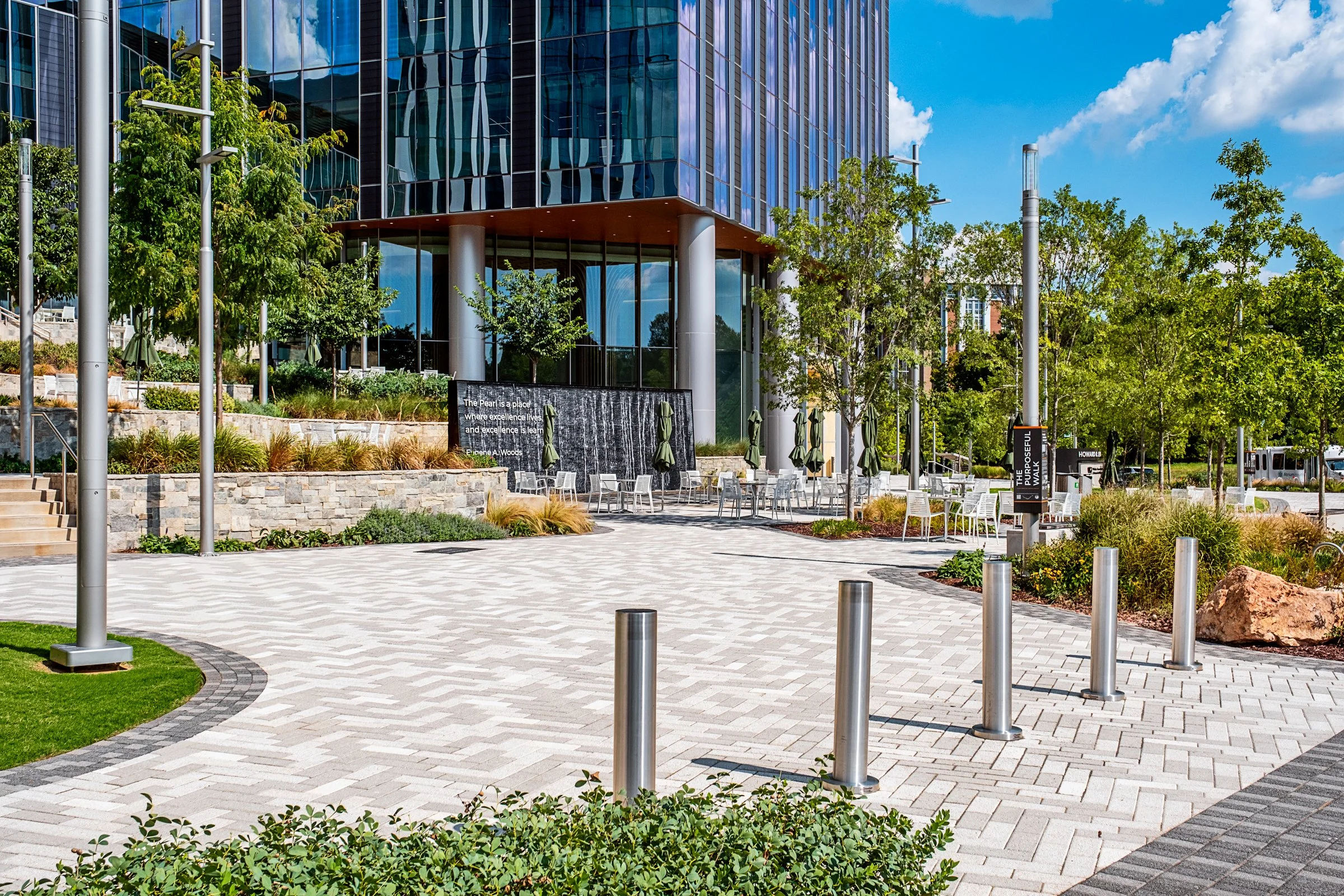 Landscape architecture photography of The Pearl in Charlotte, North Carolina, commissioned by Kimley-Horn and photographed by Paul Lange of Lange Photo Studio. The project features landscaped public spaces, a terraced central plaza, and the Purposefu