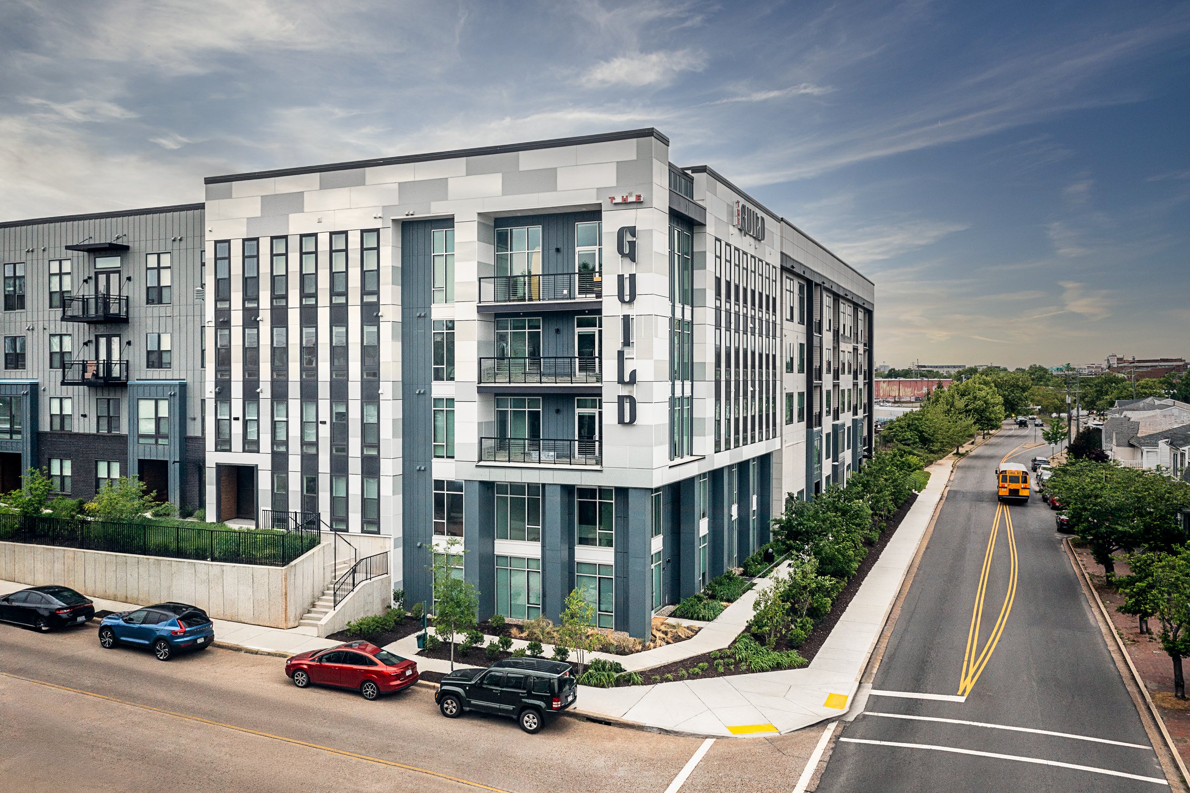 Architectural photography by Paul Lange of Lange Photo Studio, showcasing The Guild in Richmond, VA. The series captures the building's modern design, vibrant communal spaces, rooftop lounge, resort-style pool, highlighting the dynamic living experie