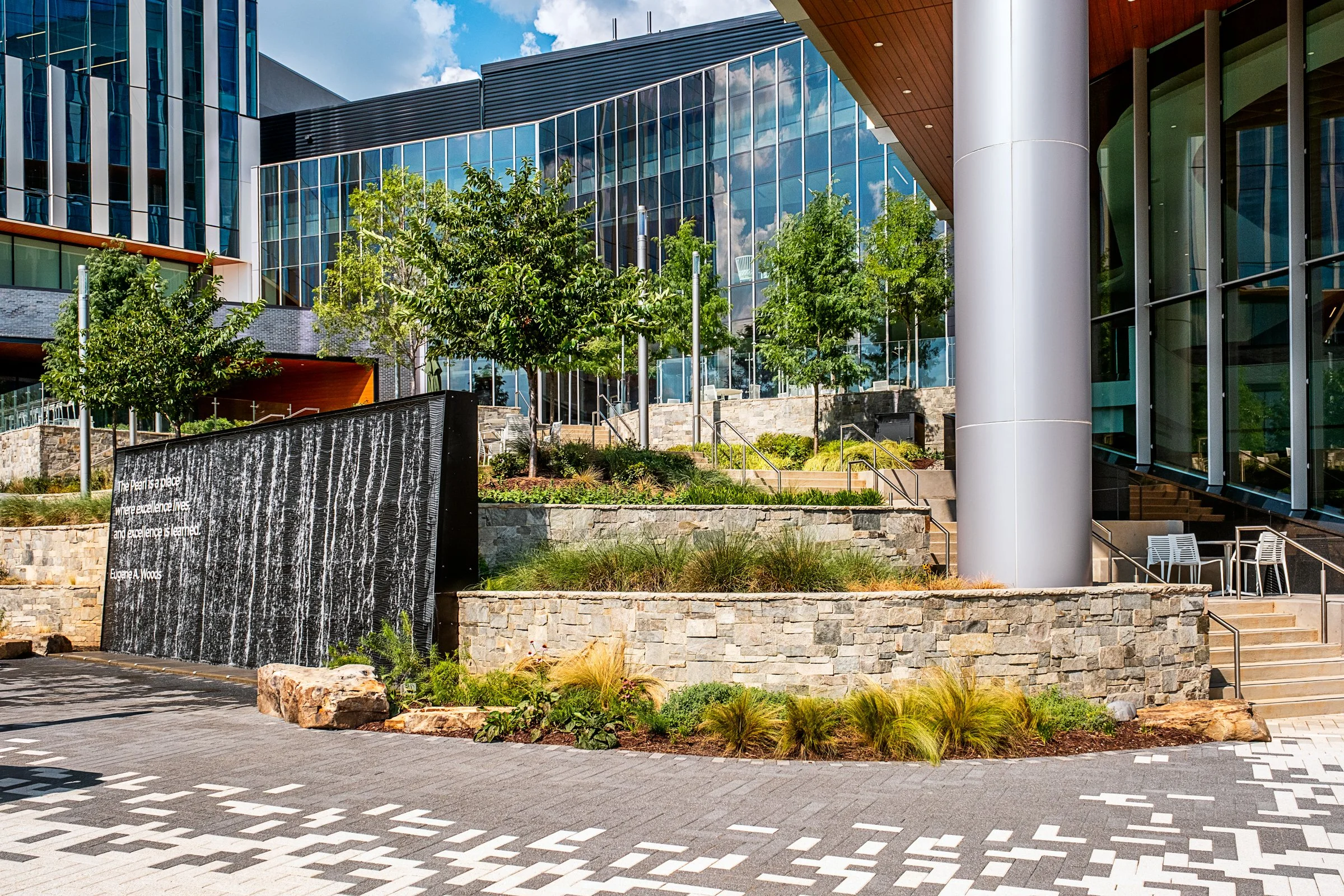 Landscape architecture photography of The Pearl in Charlotte, North Carolina, commissioned by Kimley-Horn and photographed by Paul Lange of Lange Photo Studio. The project features landscaped public spaces, a terraced central plaza, and the Purposefu