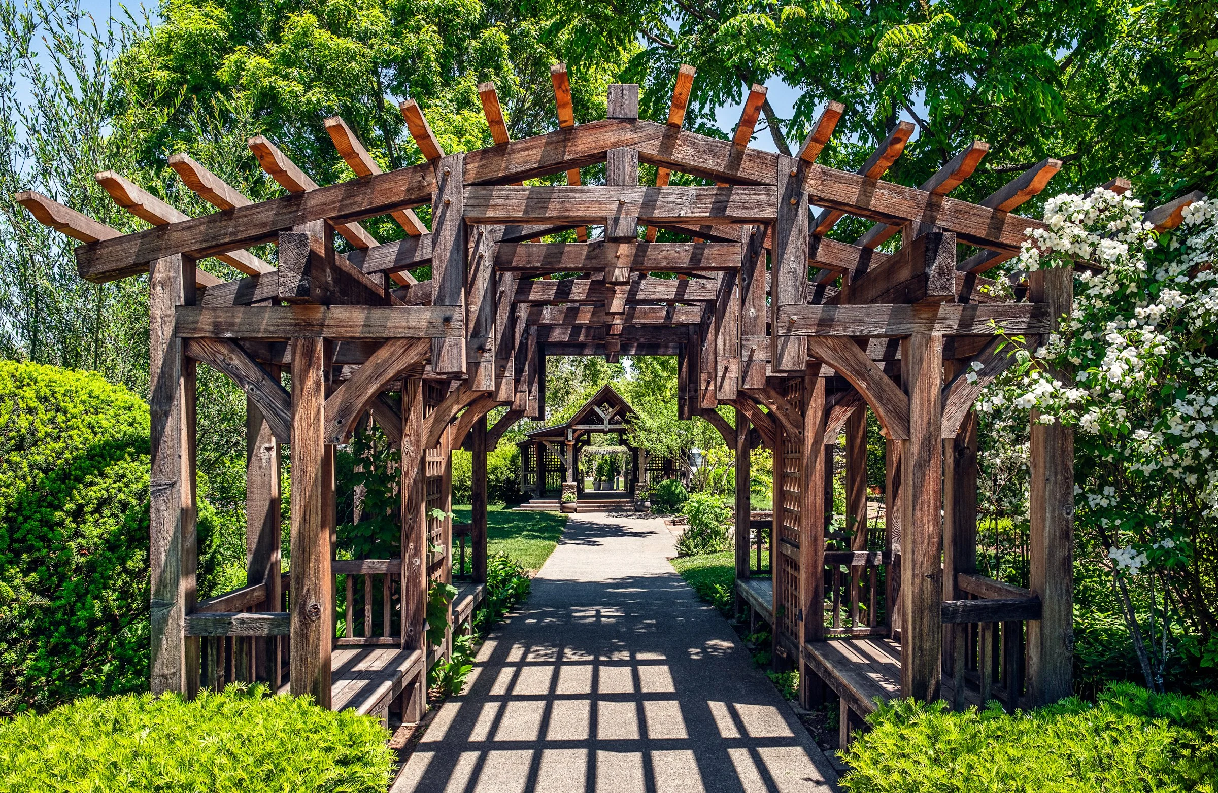 A quiet garden path and bonsai display at the North Carolina Arboretum near Asheville, North Carolina. Photographed by Lange Photo Studio. 