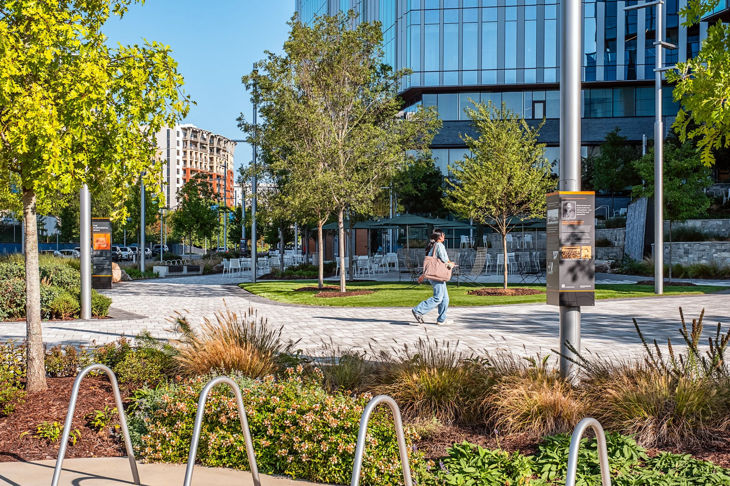 Landscape architecture photography of The Pearl in Charlotte, North Carolina, commissioned by Kimley-Horn and photographed by Paul Lange of Lange Photo Studio. The project features landscaped public spaces, a terraced central plaza, and the Purposefu