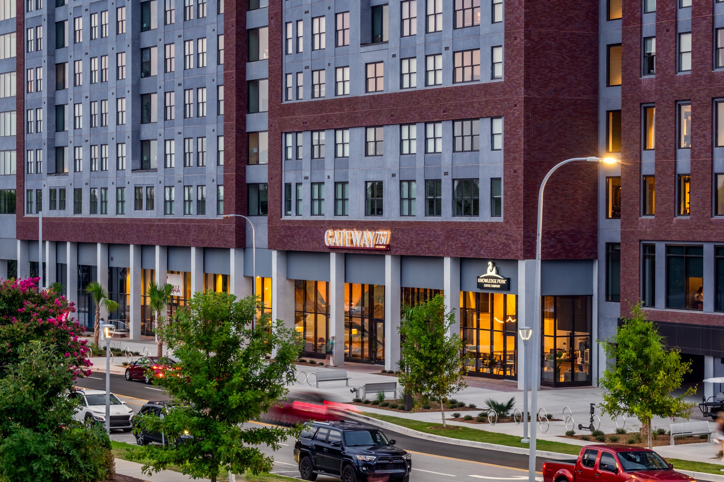 Architectural and lifestyle photography by Paul Lange of Lange Photo Studio, showcasing Gateway 737, a 940-bed student housing community near the University of South Carolina. The series captures the building's modern design, vibrant communal spaces,