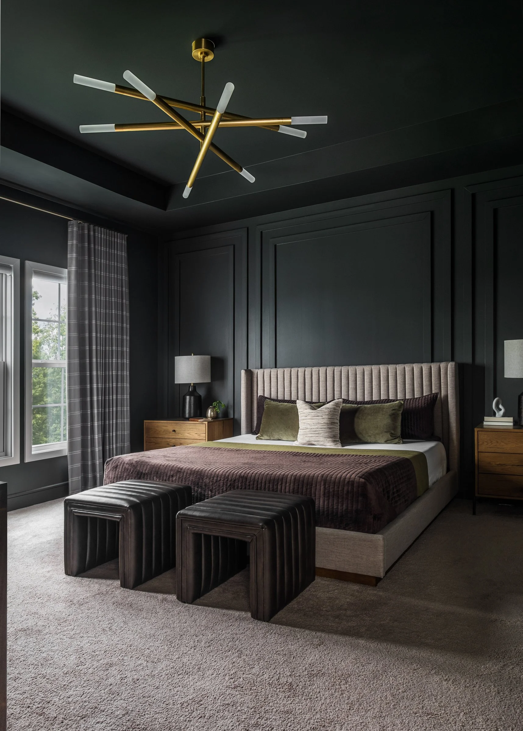 Architectural and design photography of TK Design Group bedroom, moody, dramatic, showcasing interior design.  