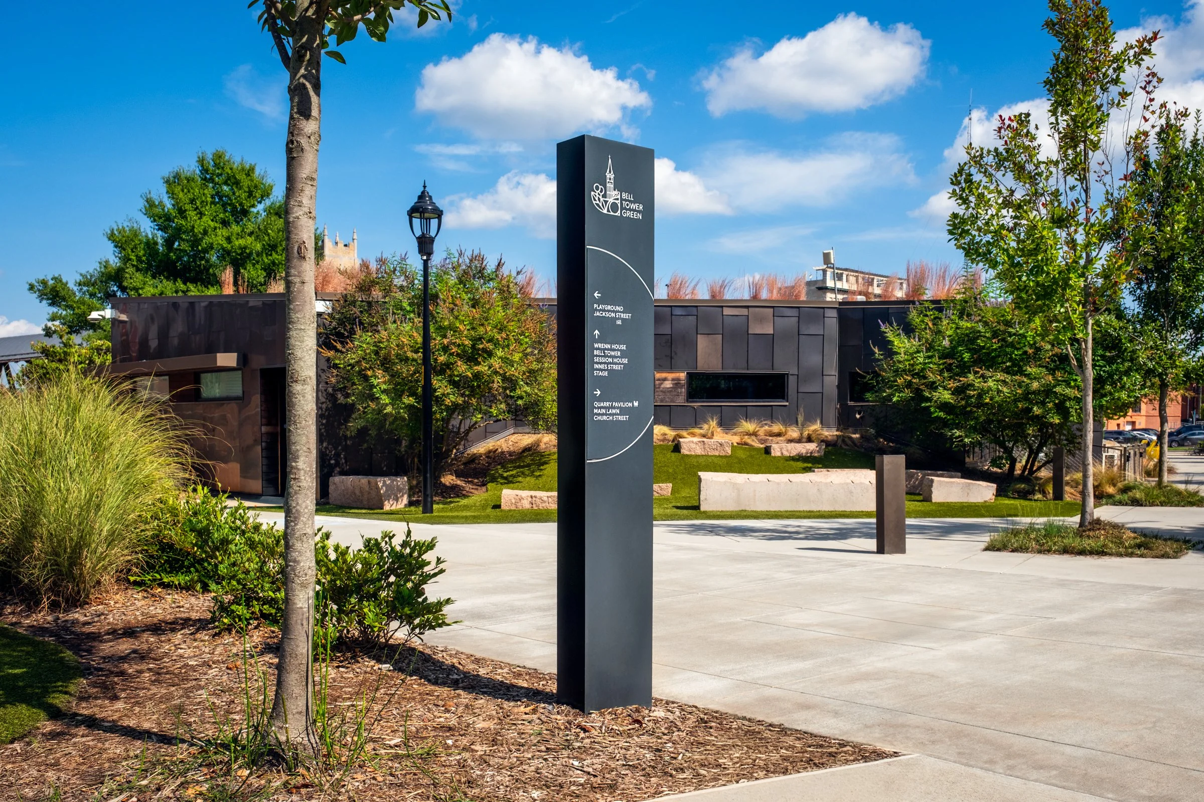 Belltower Green in Salisbury, NC highlighting its modern architecture, public use, and urban setting. Created by Lange Photo Studio.