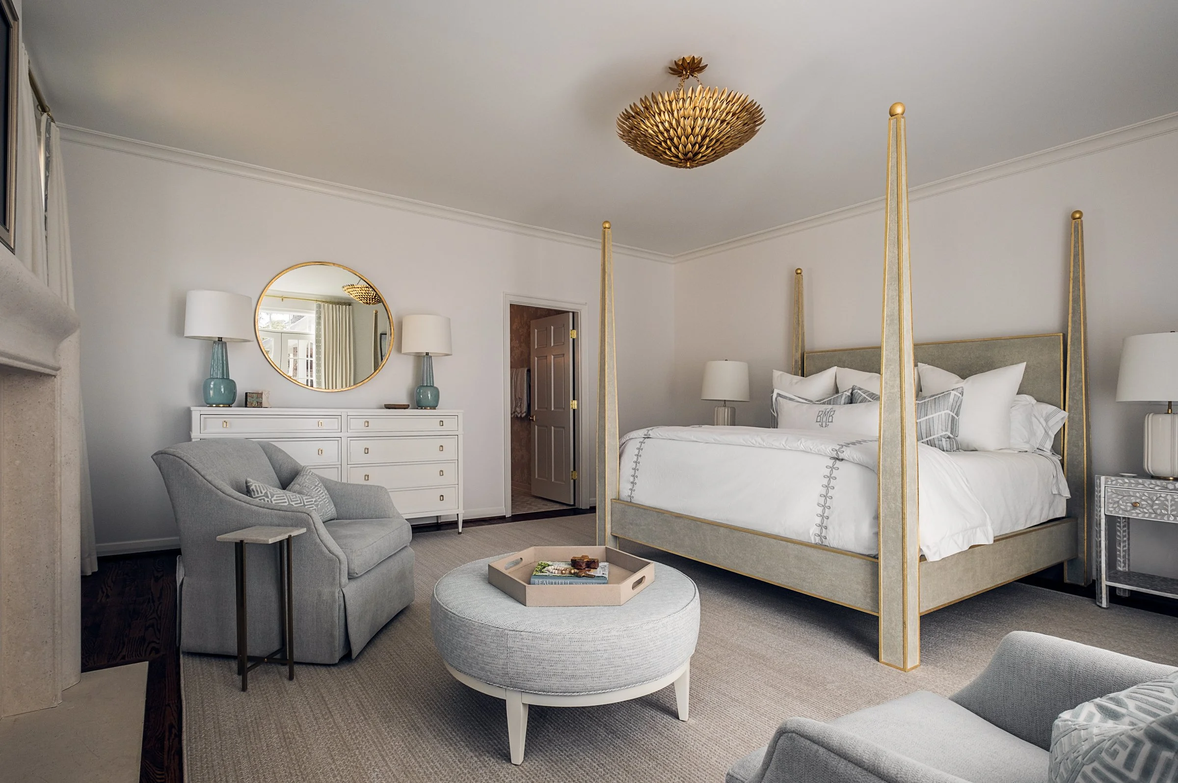 Westend Interiors showcasing a stunning bedroom interior design in Columbia, SC,  photographed by Lange Photo Studio. 