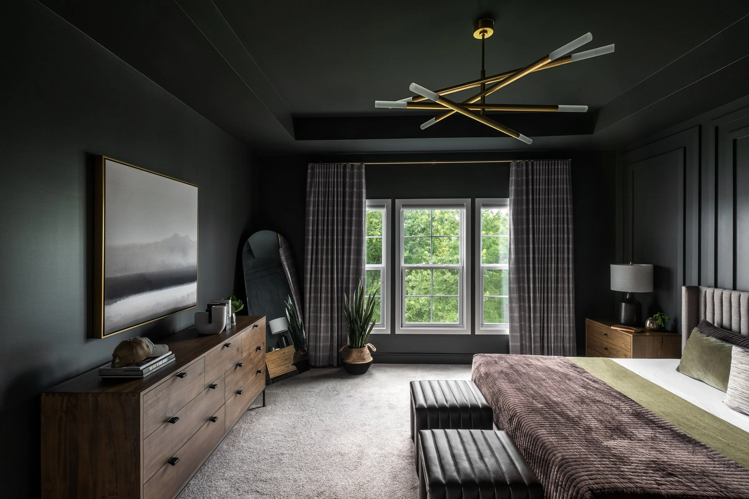 Architectural and design photography of TK Design Group bedroom, moody, dramatic, showcasing interior design.  