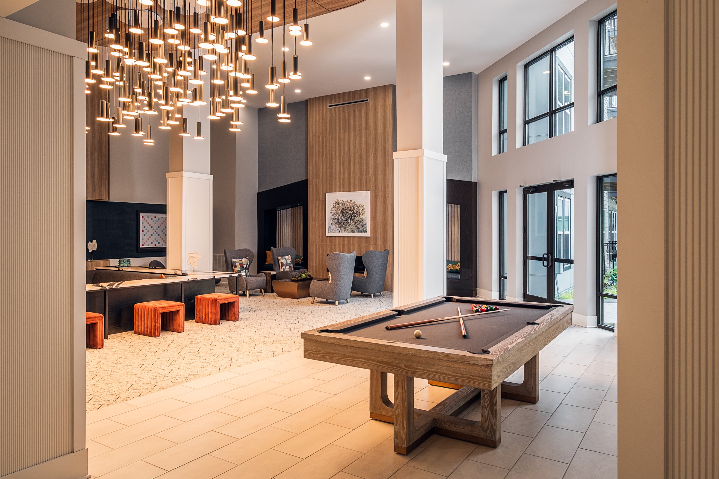 Architectural photography by Paul Lange of Lange Photo Studio, showcasing Ace Apartments in Richmond, VA. The series captures the building's modern design, vibrant communal spaces, rooftop lounge, resort-style pool, highlighting the dynami living exp