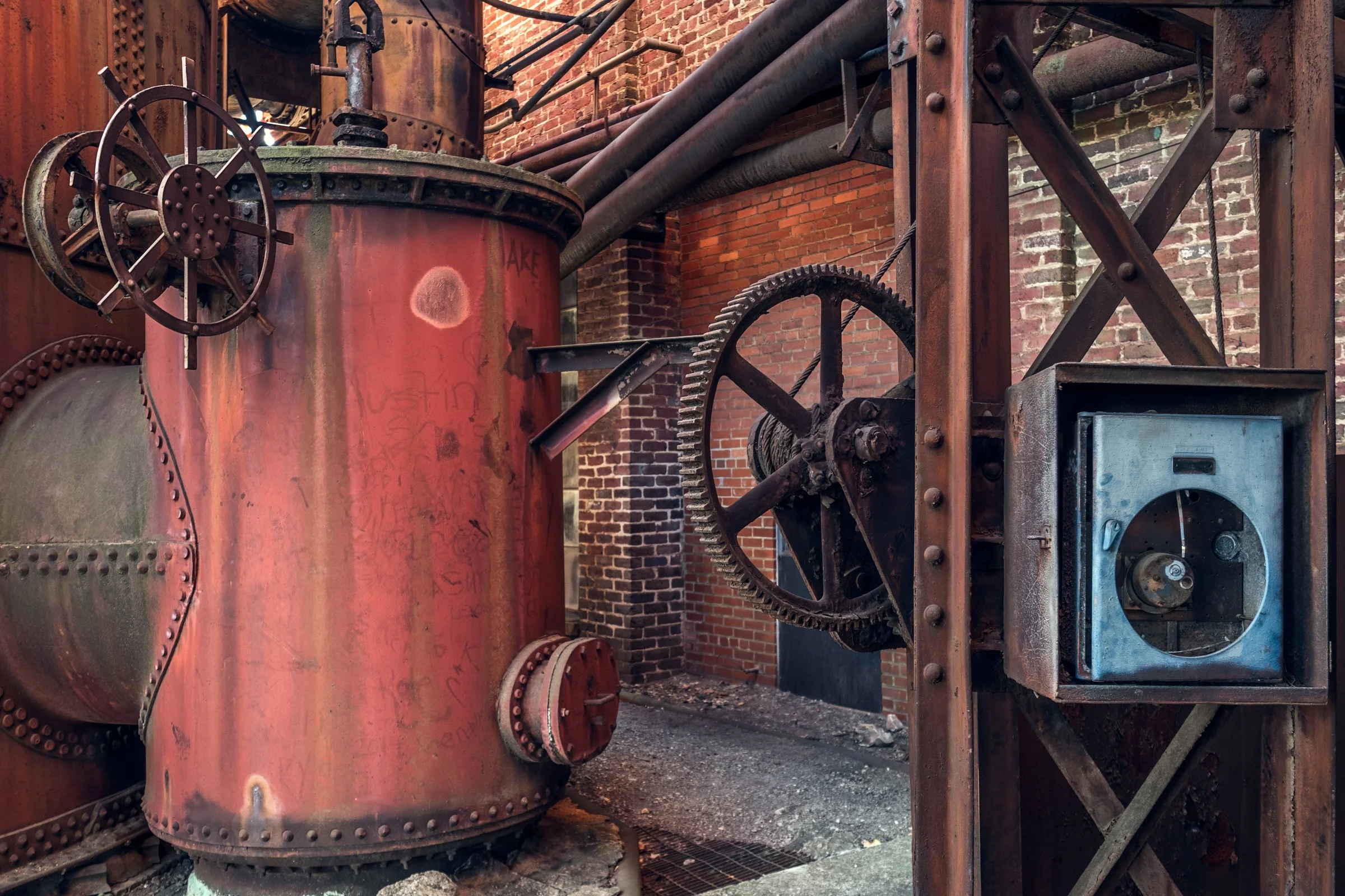 Sloss Furnaces, Birmingham, Alabama. Once the heart of the South's iron industry, these blast furnaces operated from 1882 to 1971, shaping Birmingham's identity as an industrial center. Now preserved as a National Historic Landmark, the site stands a