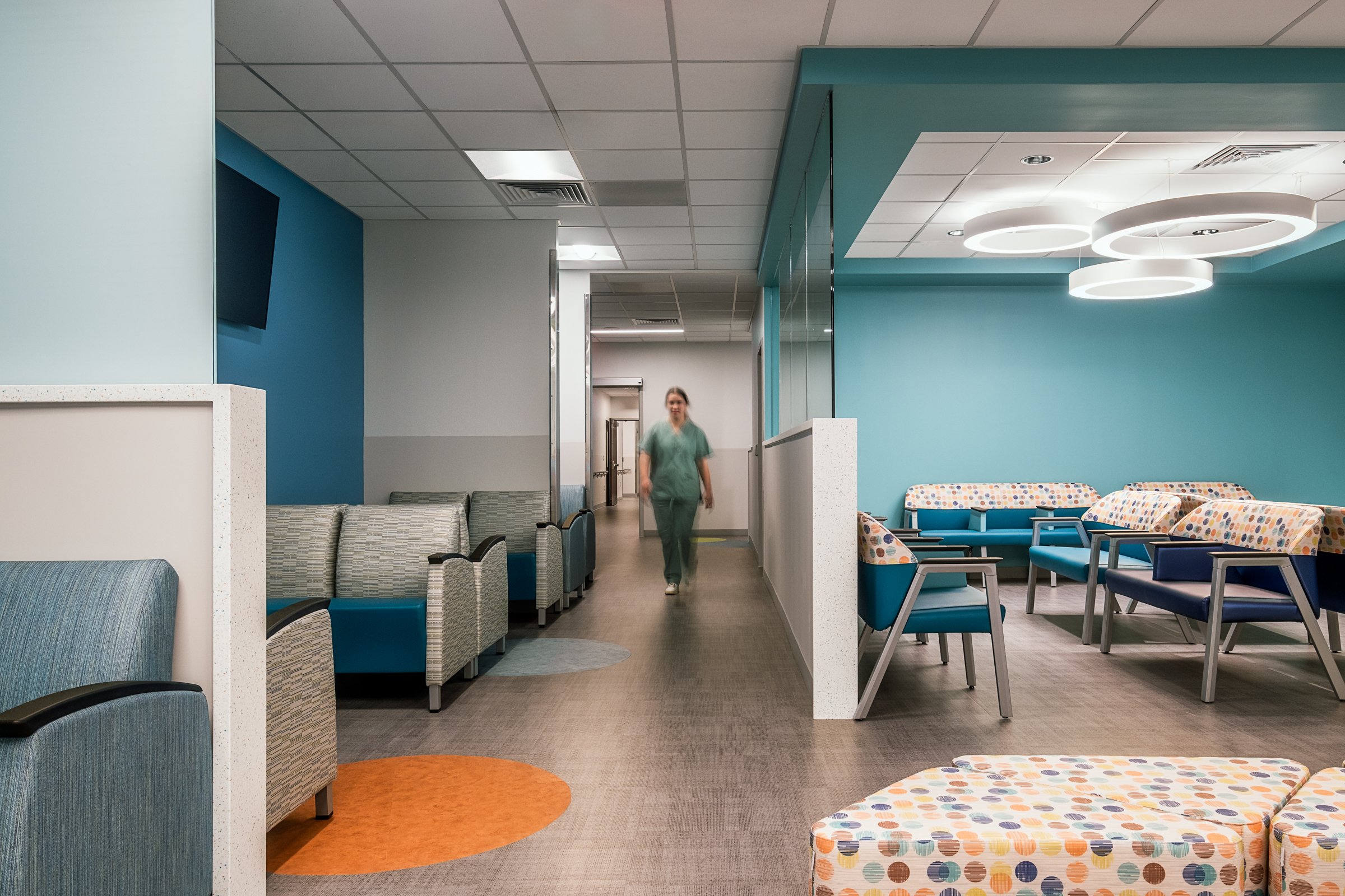Interior view at Atrium Health Wake Forest, highlighting modern design, function and patient comfort.